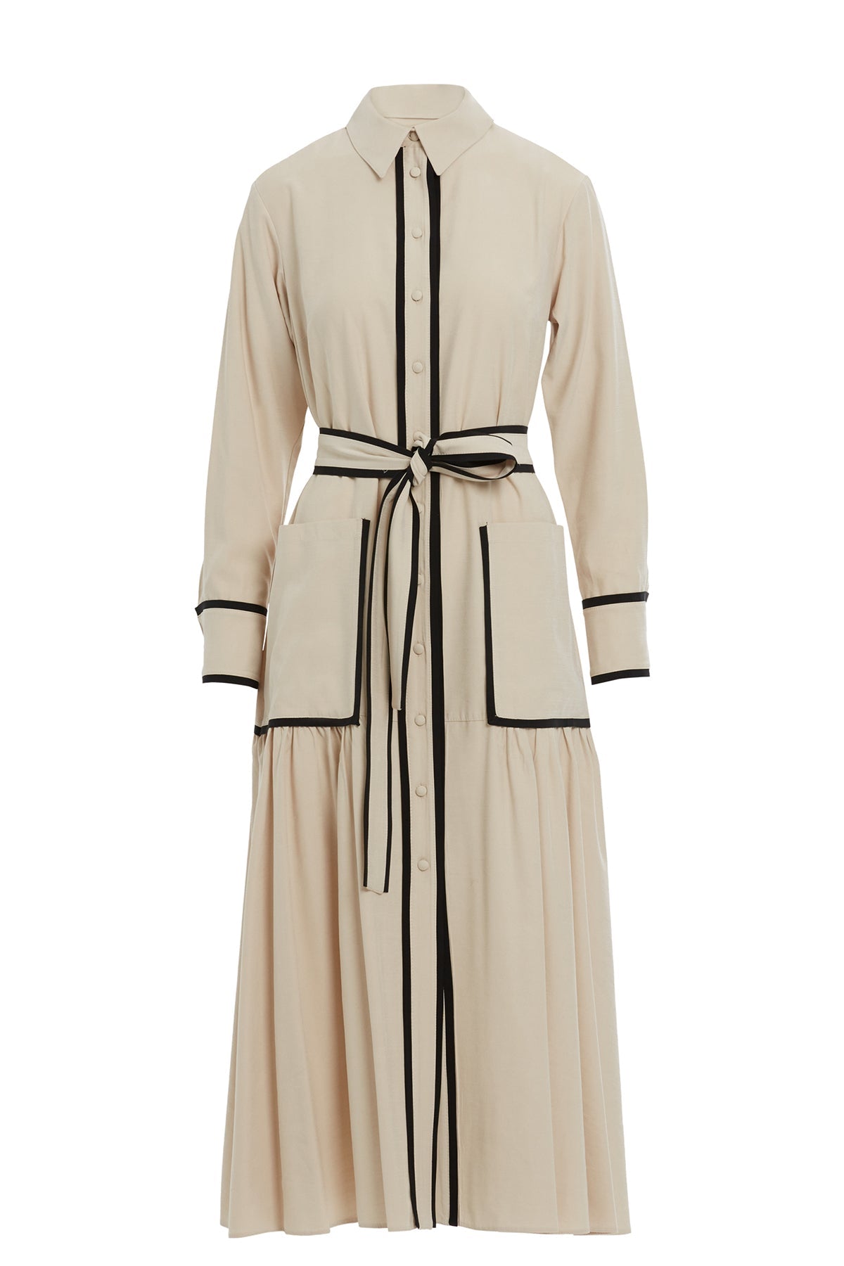 Beige Sash-Detail Pocketed Midi Dress