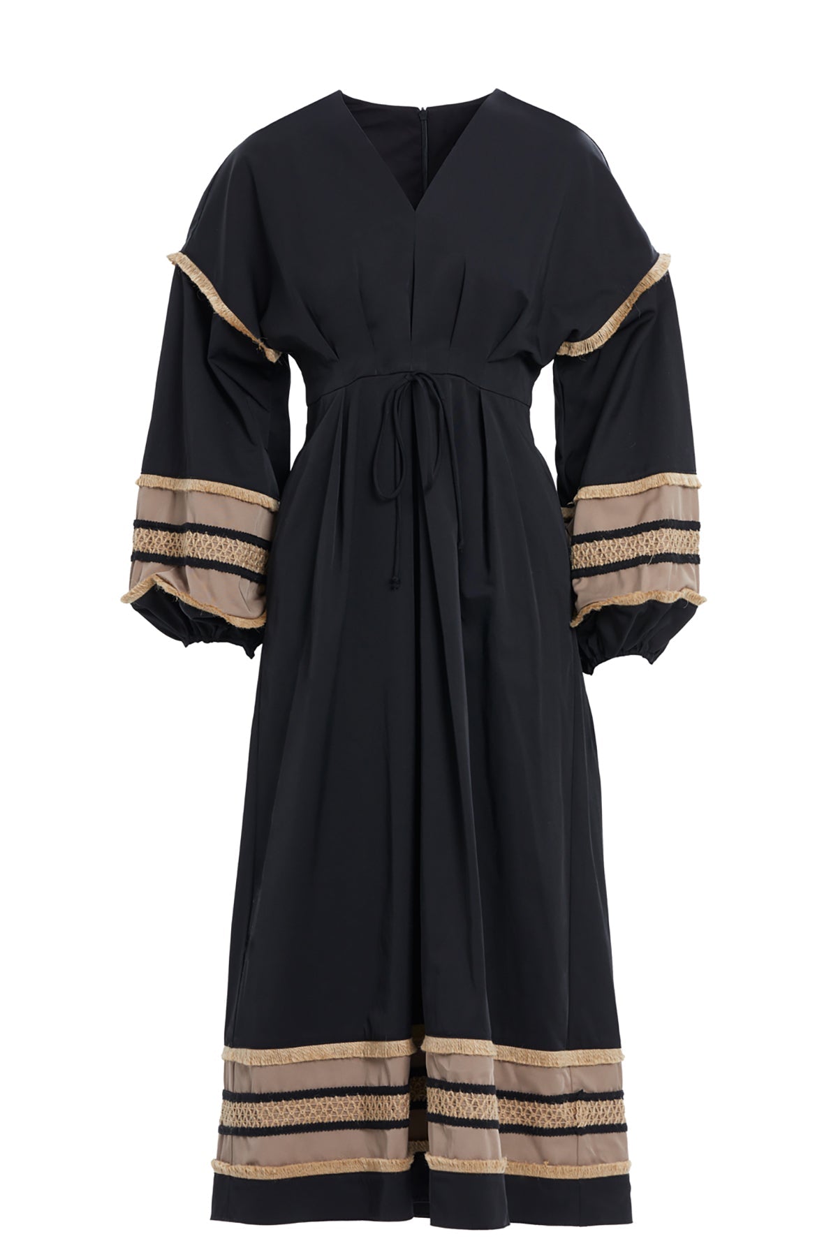 Black Gathered-Sleeve Midi Dress