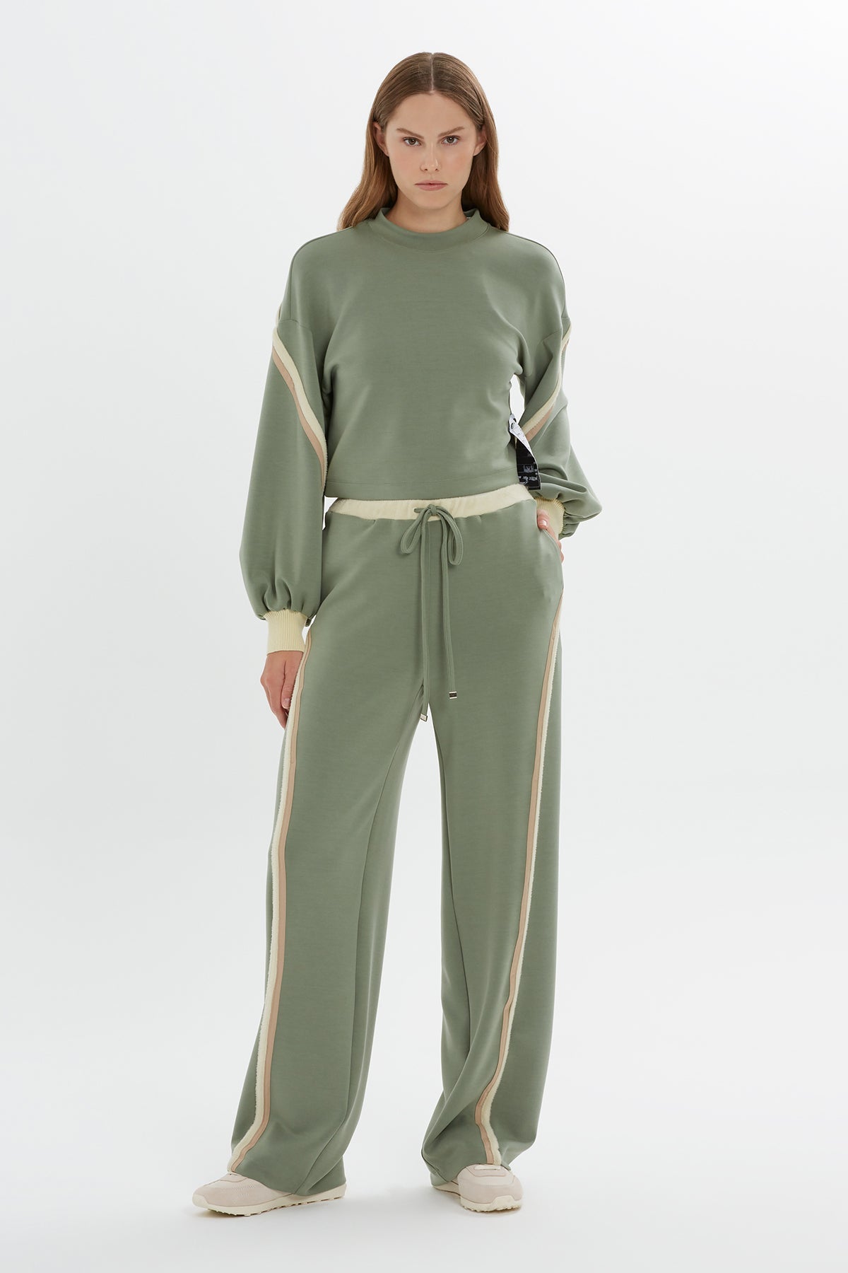 Green Stripe-Detail Sleeve Sweatshirt