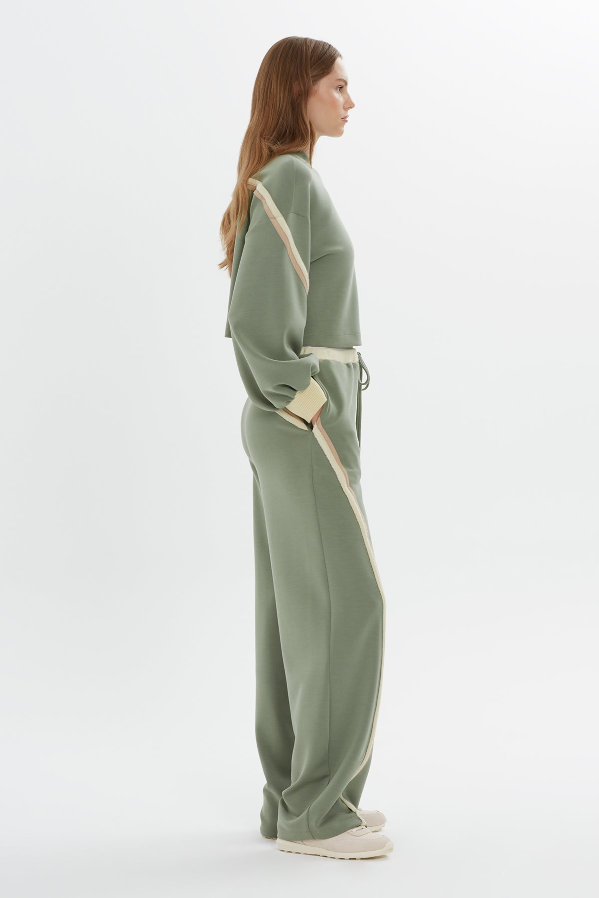 Green Stripe-Detail Sleeve Sweatshirt