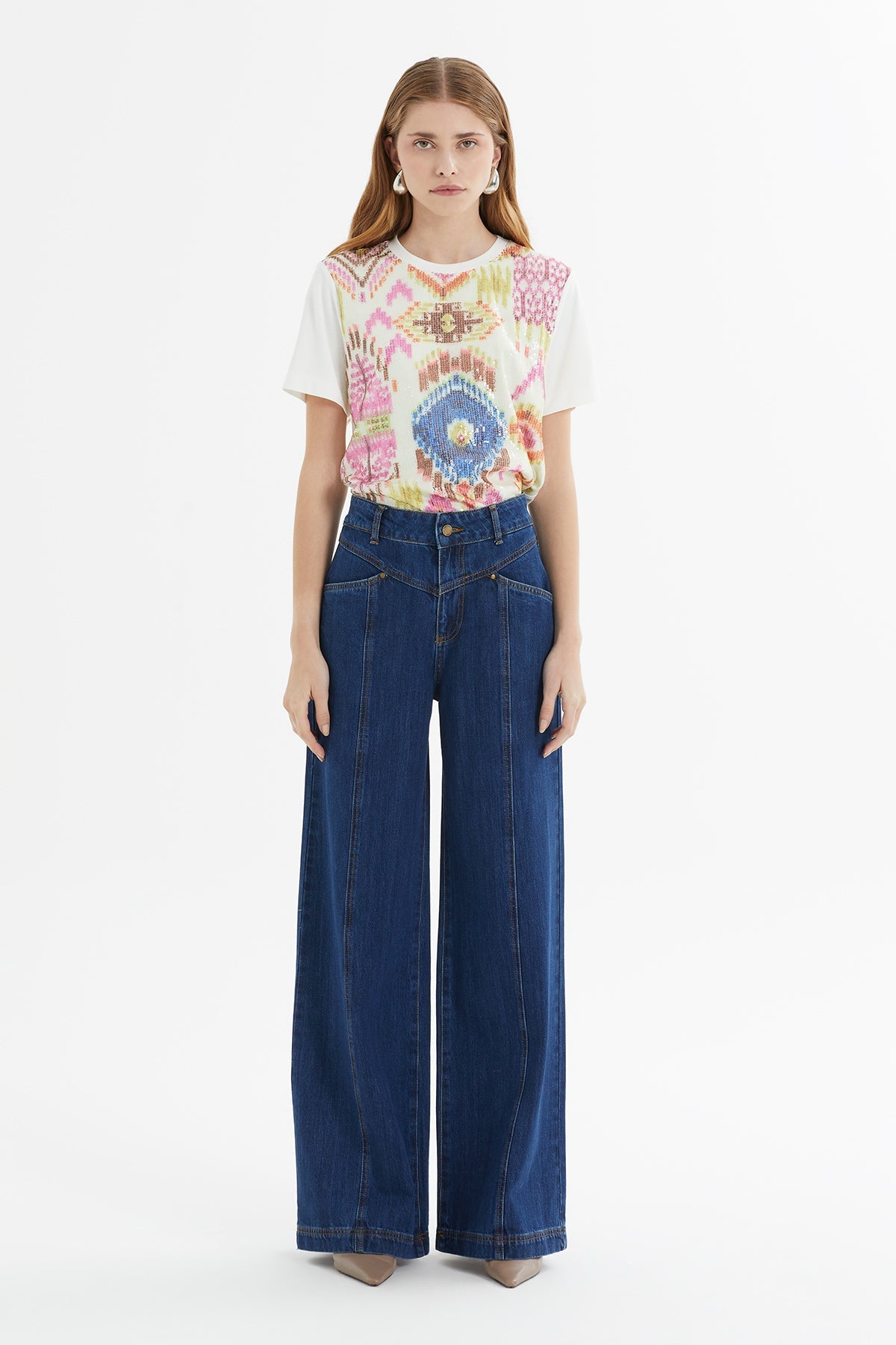 Rivet Contrast-Stitch Wide-Leg Jeans