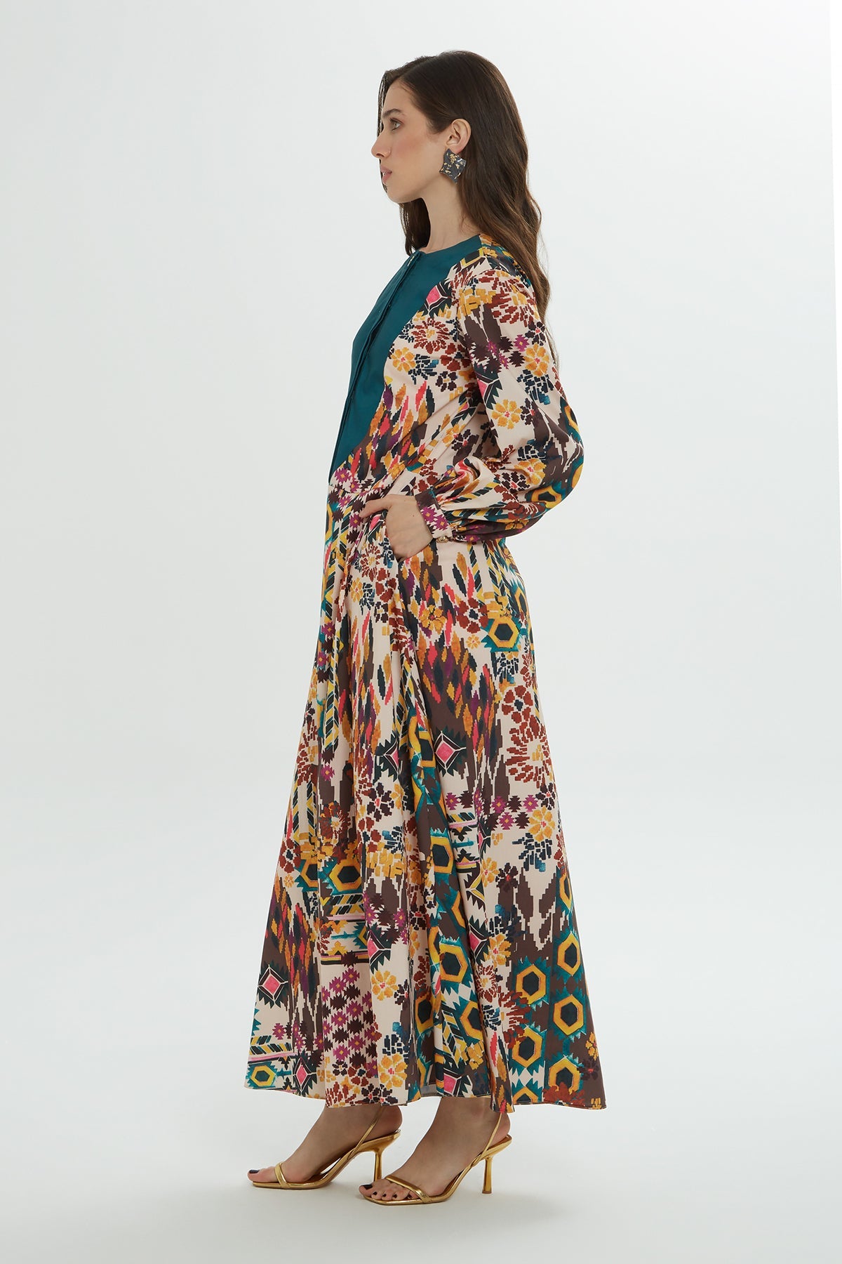 Belted Patterned Long Dress