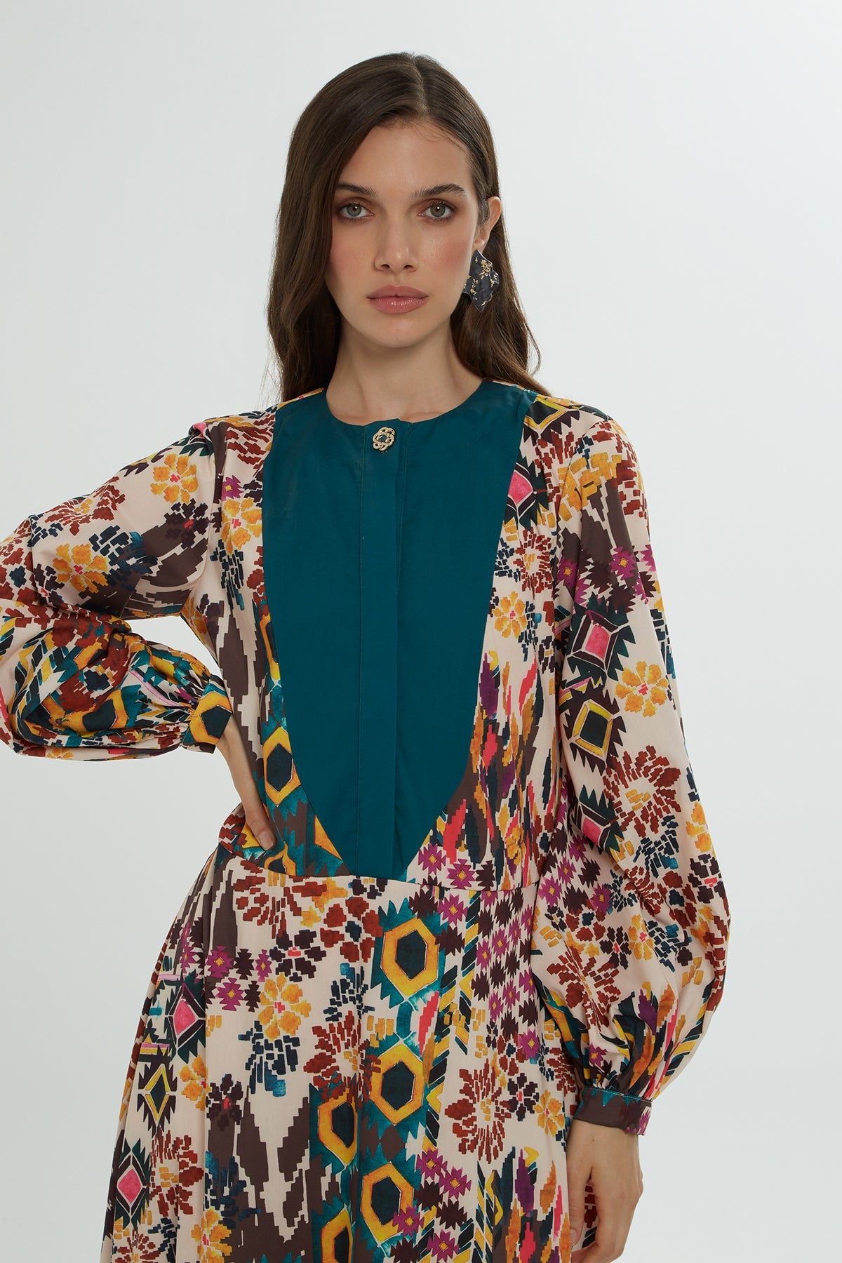 Belted Patterned Long Dress