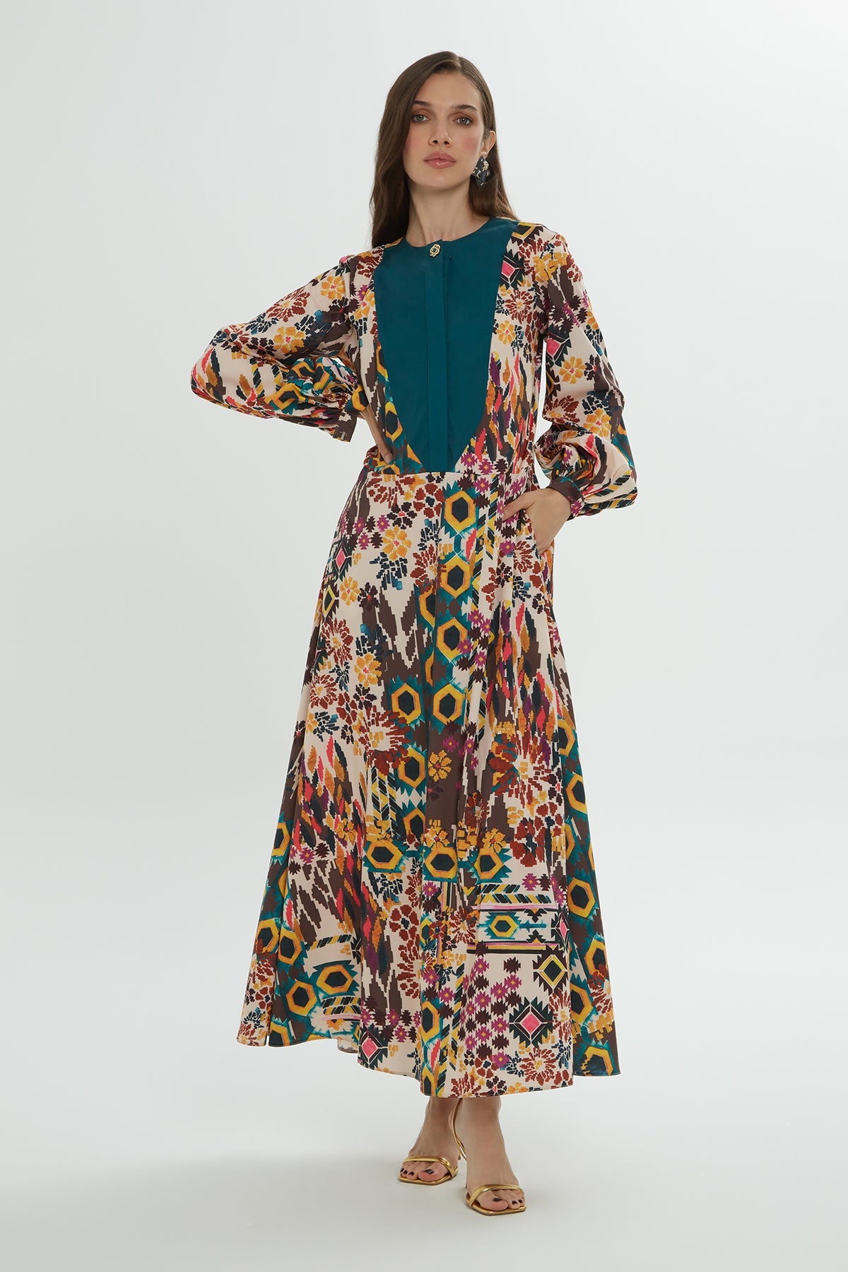 Belted Patterned Long Dress