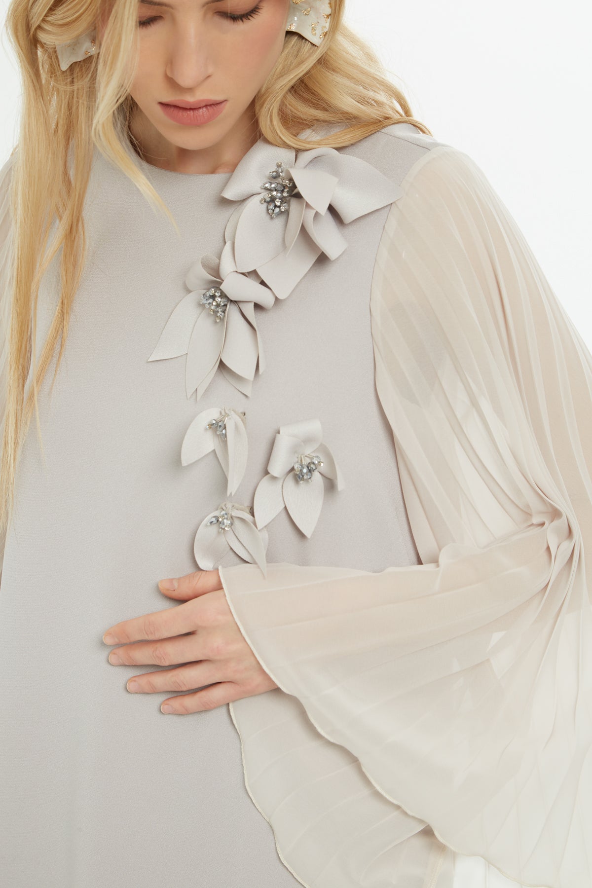 Grey Floral-Detail Maxi Dress