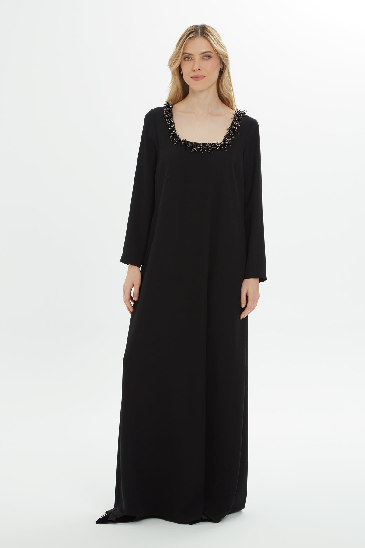 Black Square-Neck Embroidered Maxi Dress