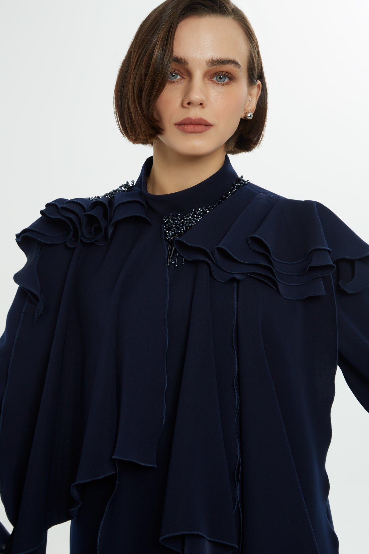 Navy Beaded Ruffle-Detail Long Dress