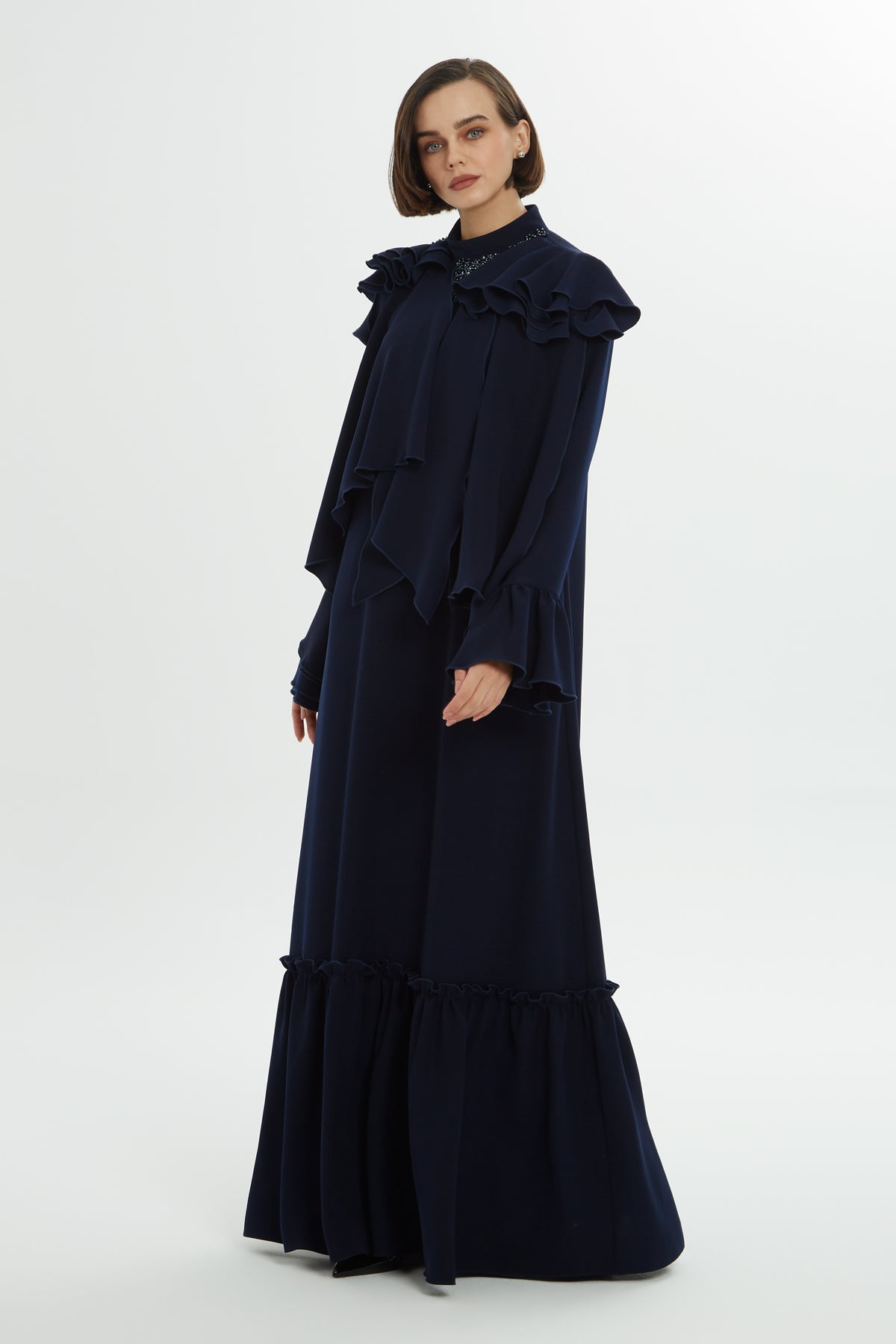 Navy Beaded Ruffle-Detail Long Dress