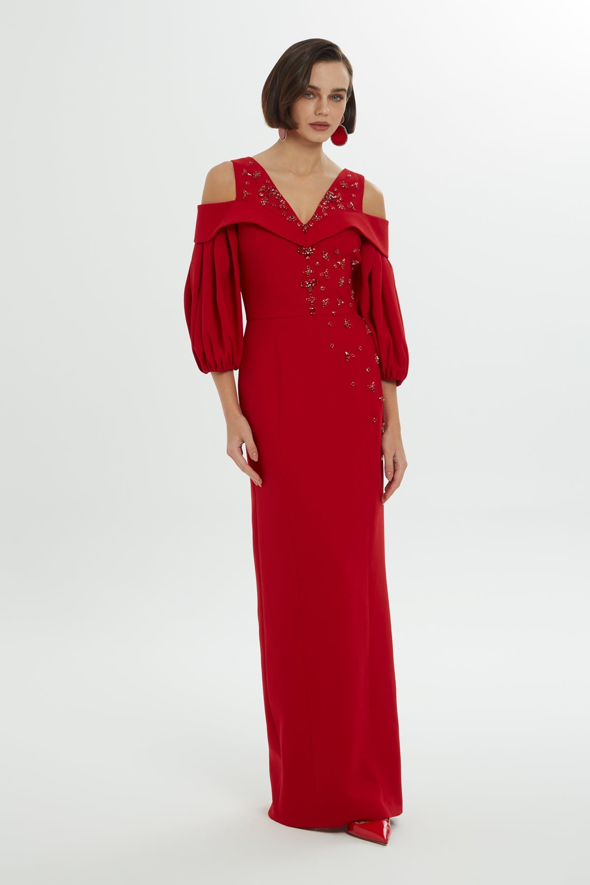 Red Long Dress with Balloon Sleeves