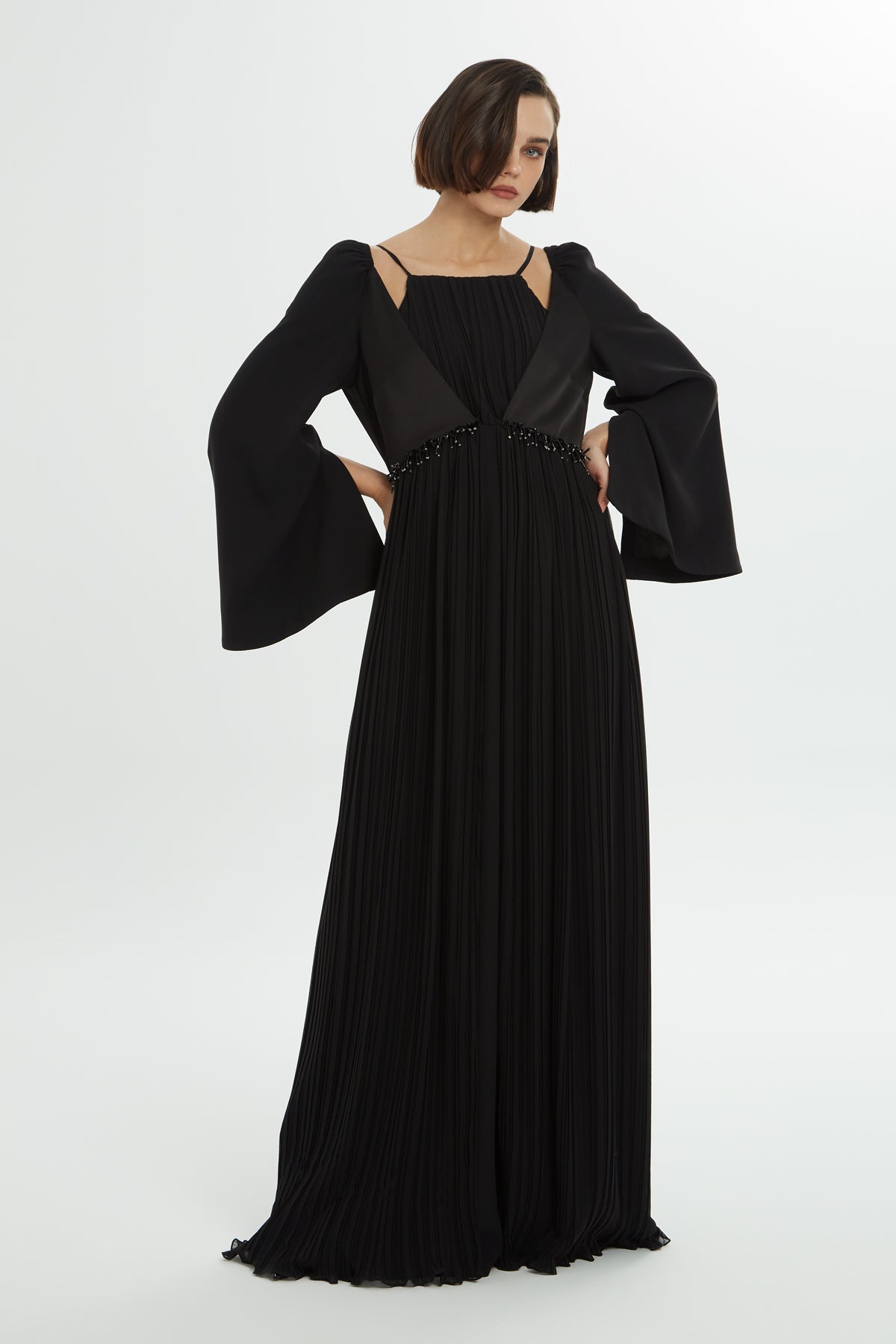 Black Beaded Pleated Long Dress