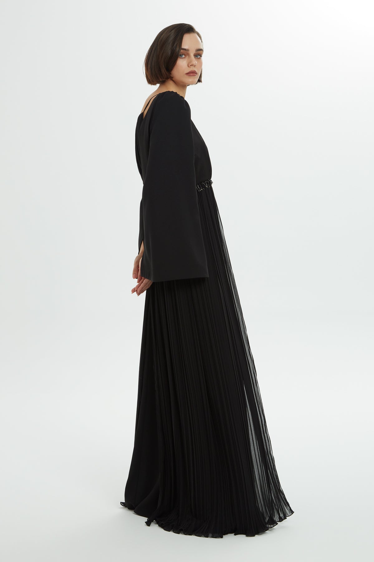 Black Beaded Pleated Long Dress