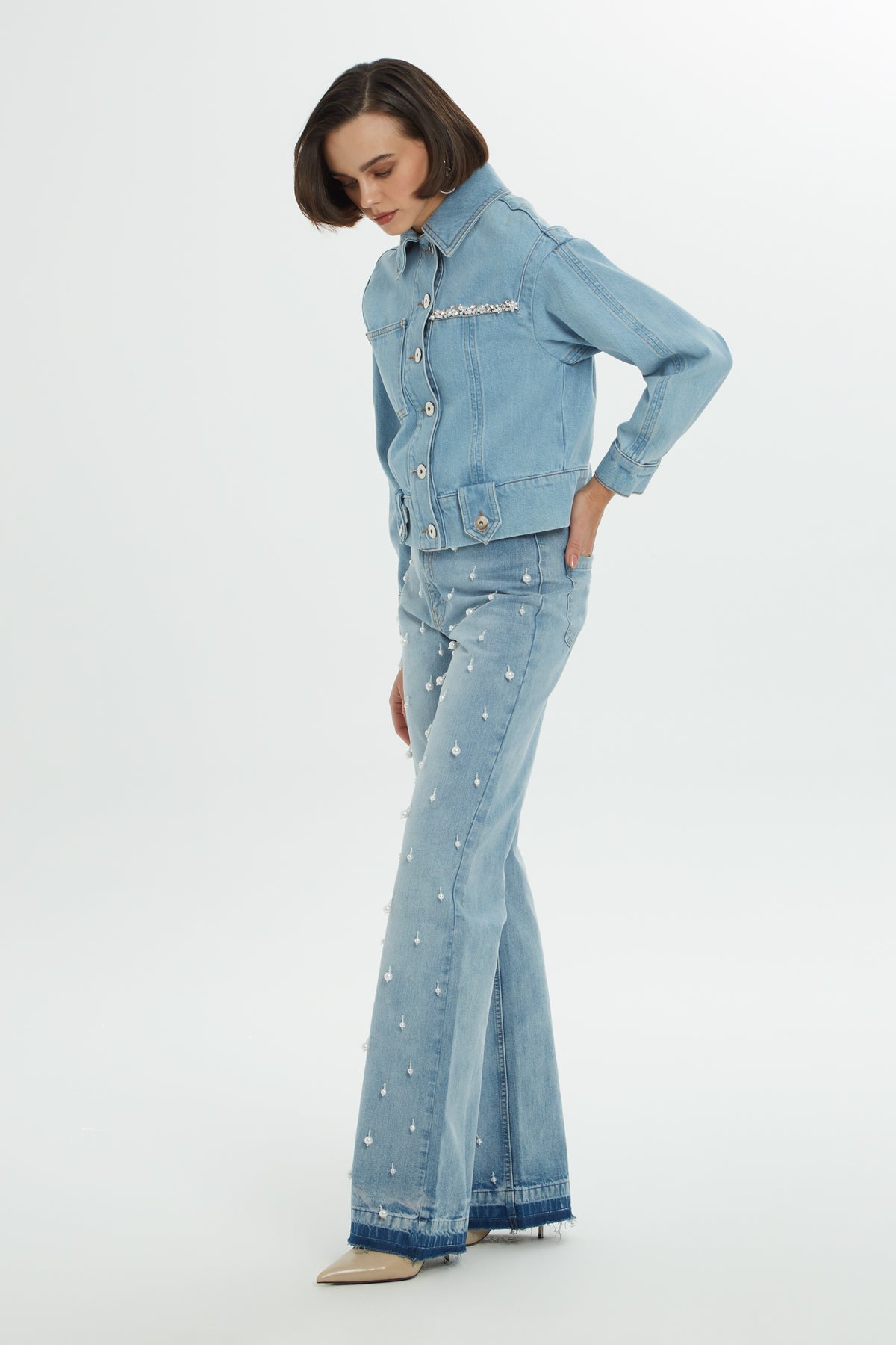 Navy Cutout Stone-Detail Denim Jacket