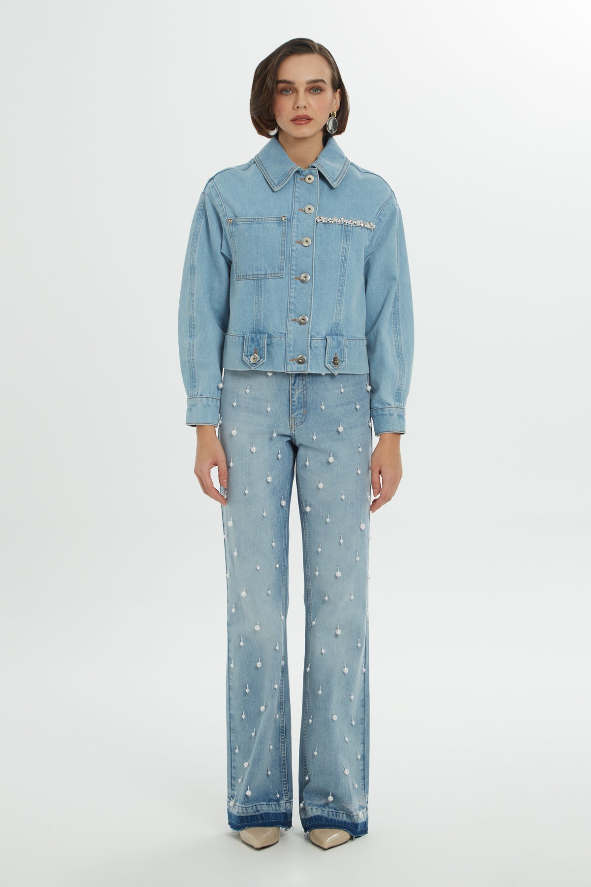 Navy Cutout Stone-Detail Denim Jacket