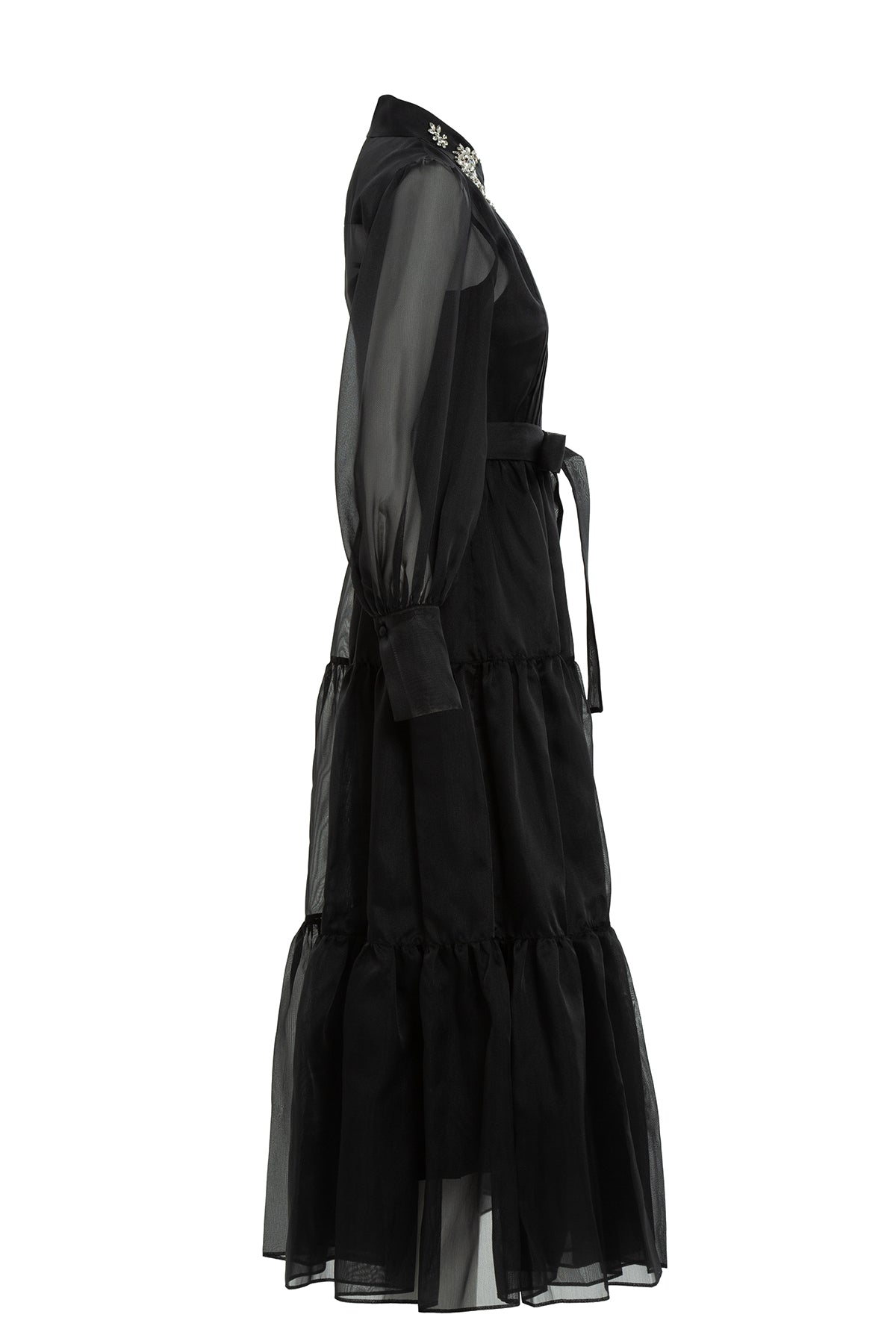 Black Embroidered-Collar Button-Front Midi Dress