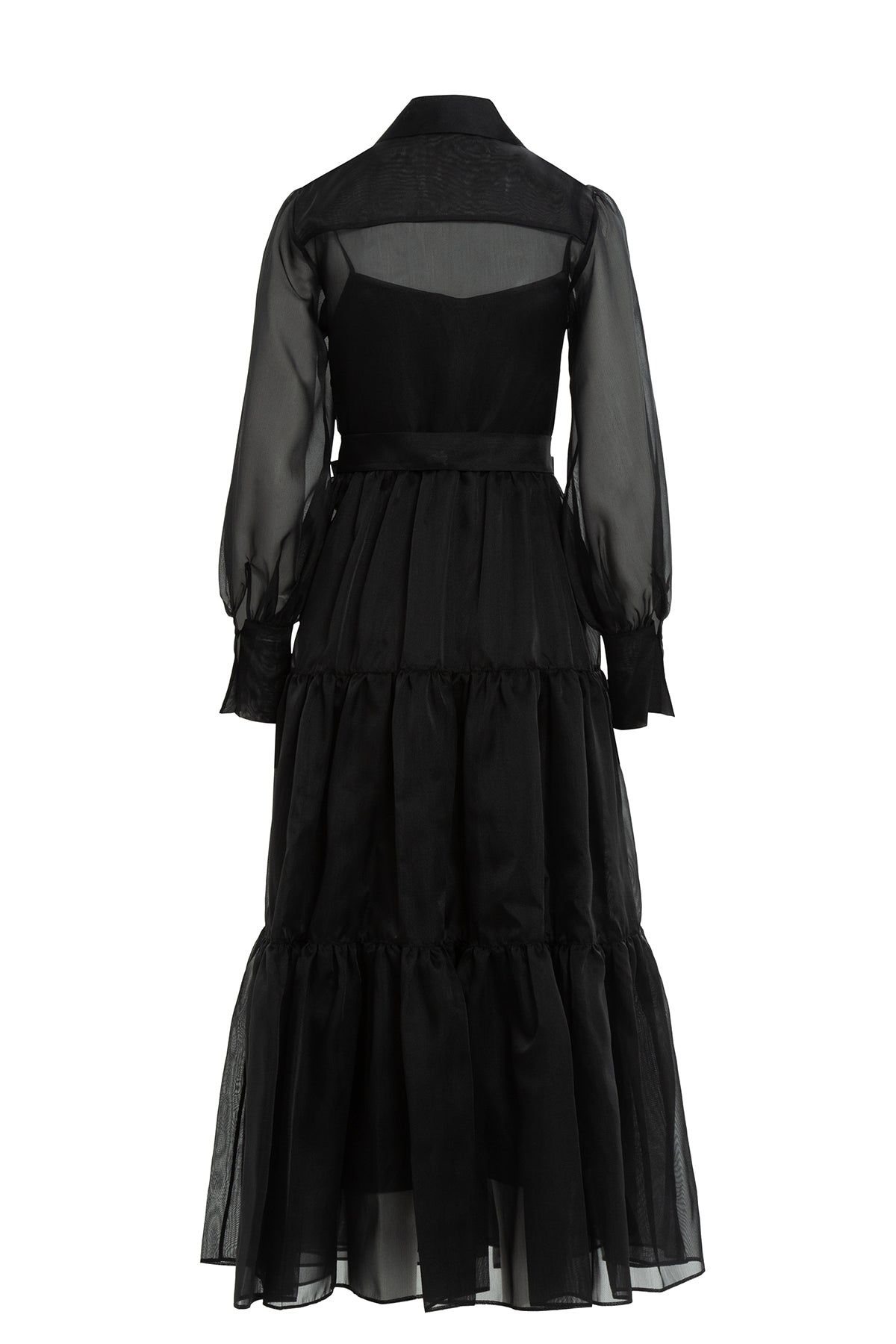 Black Embroidered-Collar Button-Front Midi Dress