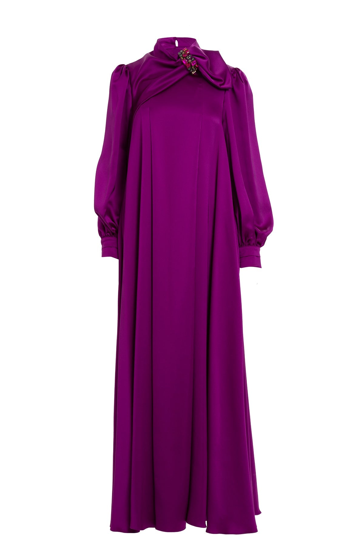 Fuchsia Embroidered-Collar Bow-Detail Maxi Dress