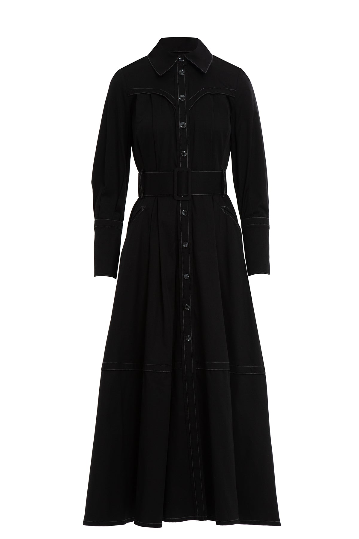 Black Sash-Detail Cotton Midi Dress