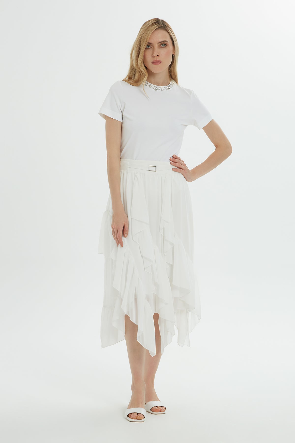 Ecru Asymmetric Midi Skirt