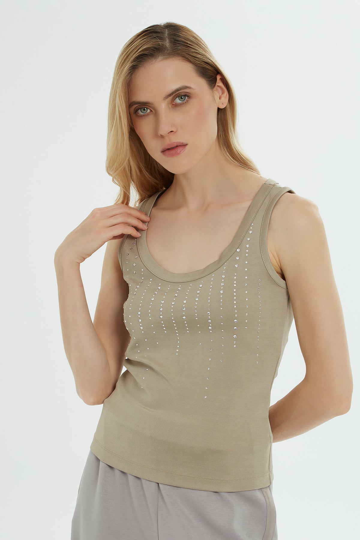 Beige Round-Neck Printed Strappy Tank