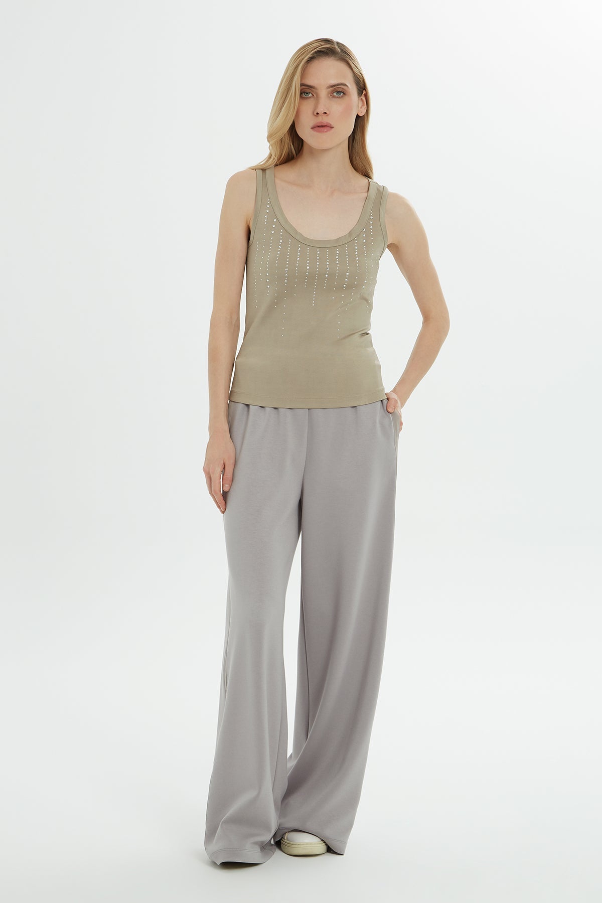 Beige Round-Neck Printed Strappy Tank