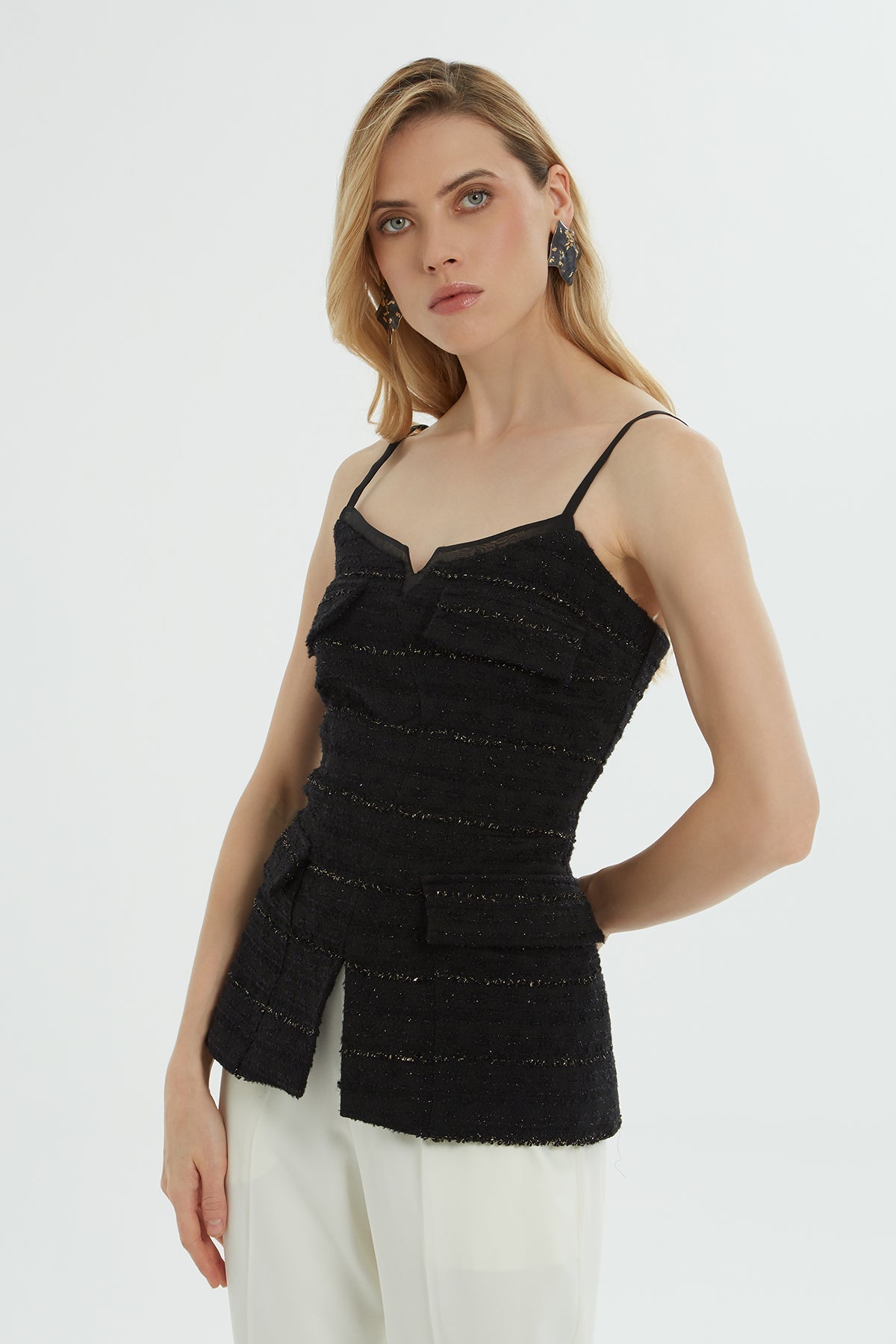 Black Strappy Pocket Blouse