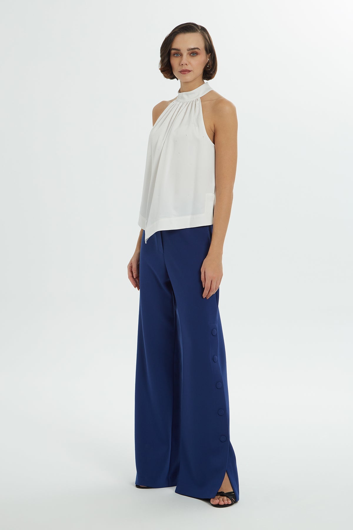 White Halter Neck Stone Detail Blouse