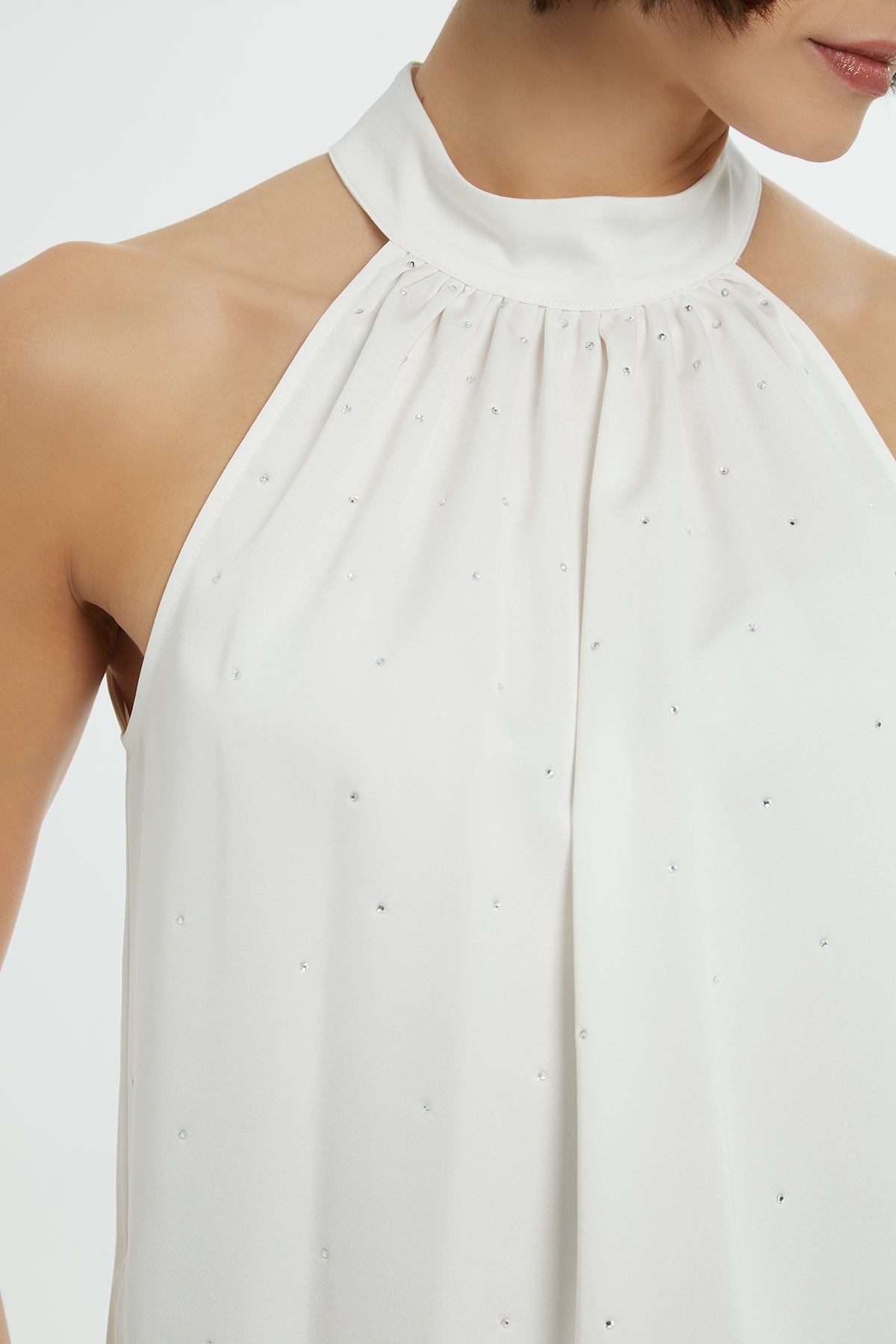 White Halter Neck Stone Detail Blouse