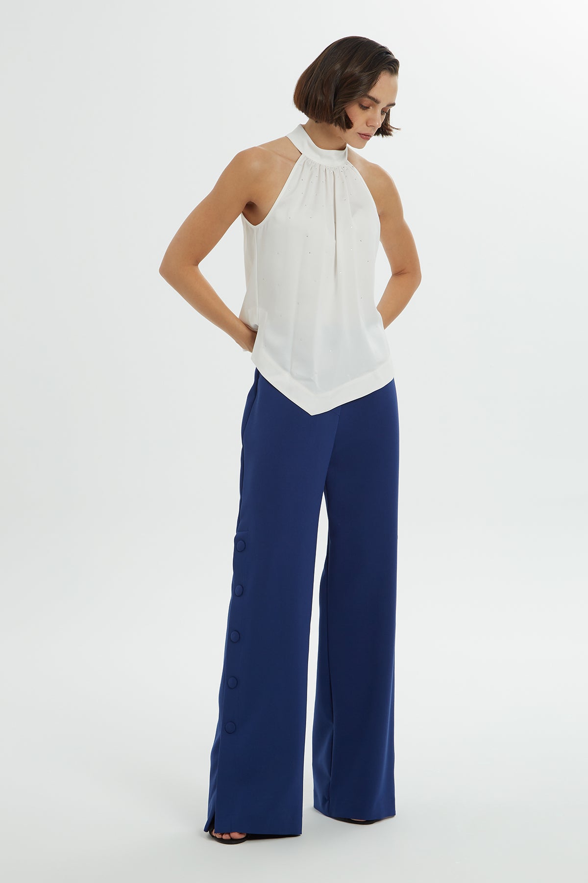 White Halter Neck Stone Detail Blouse