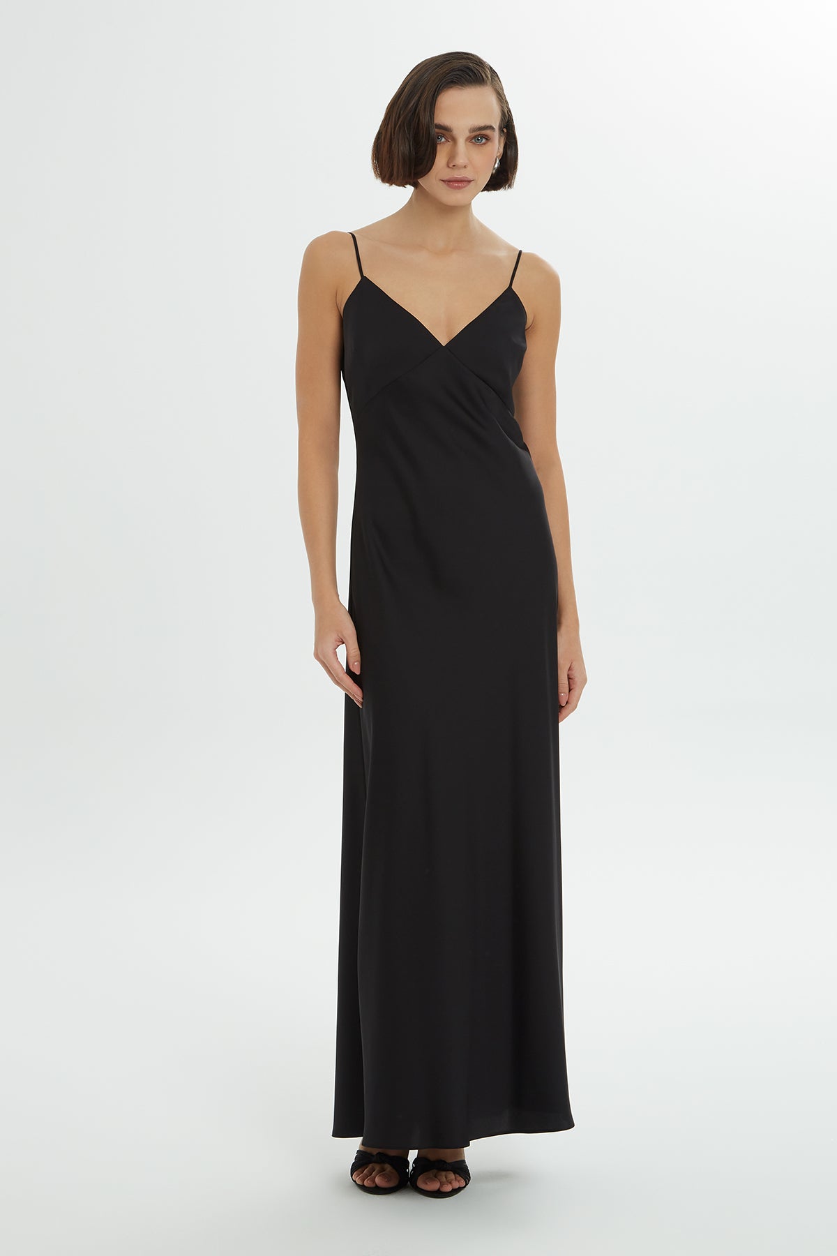 Black Spaghetti-Strap Satin Maxi Dress