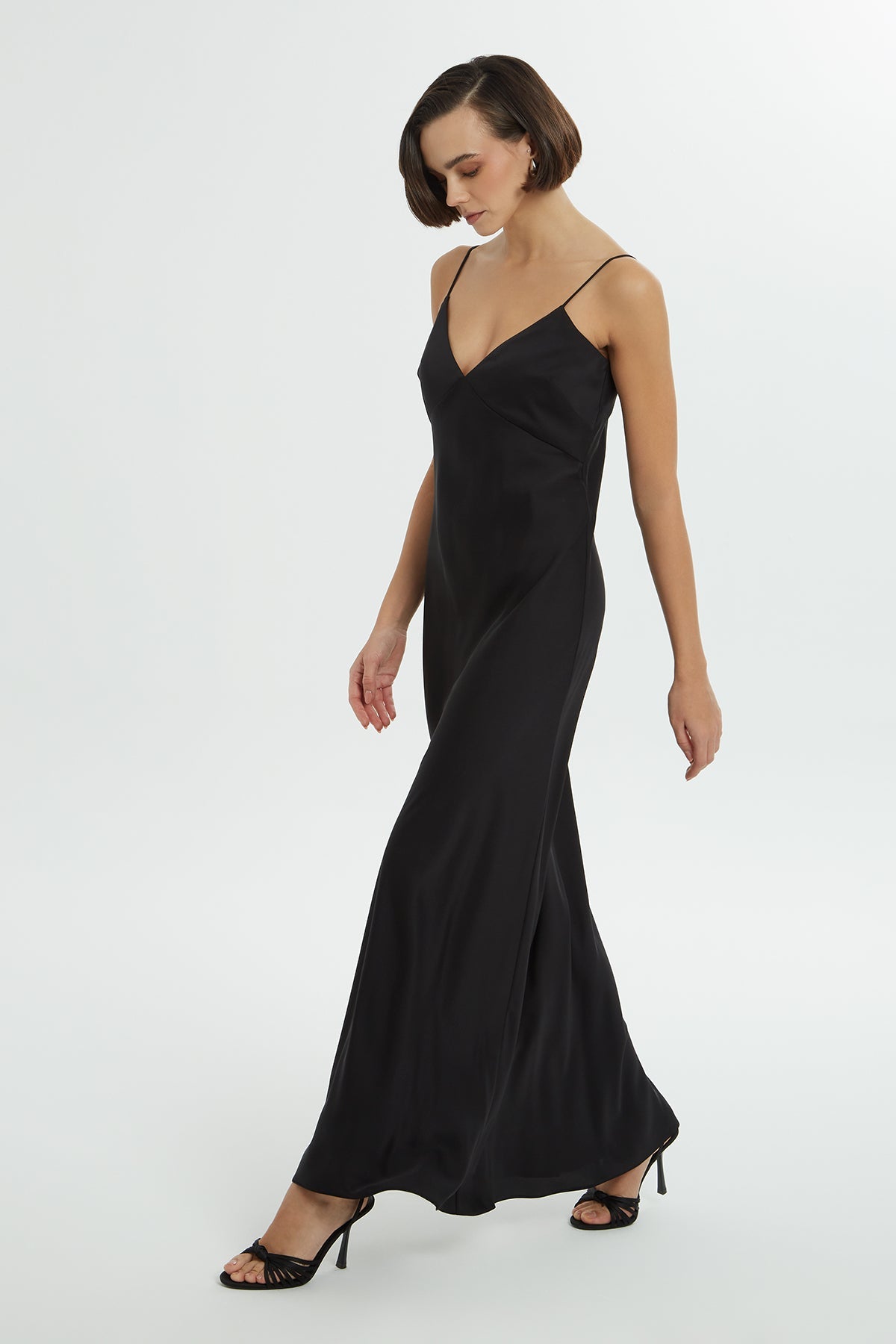 Black Spaghetti-Strap Satin Maxi Dress