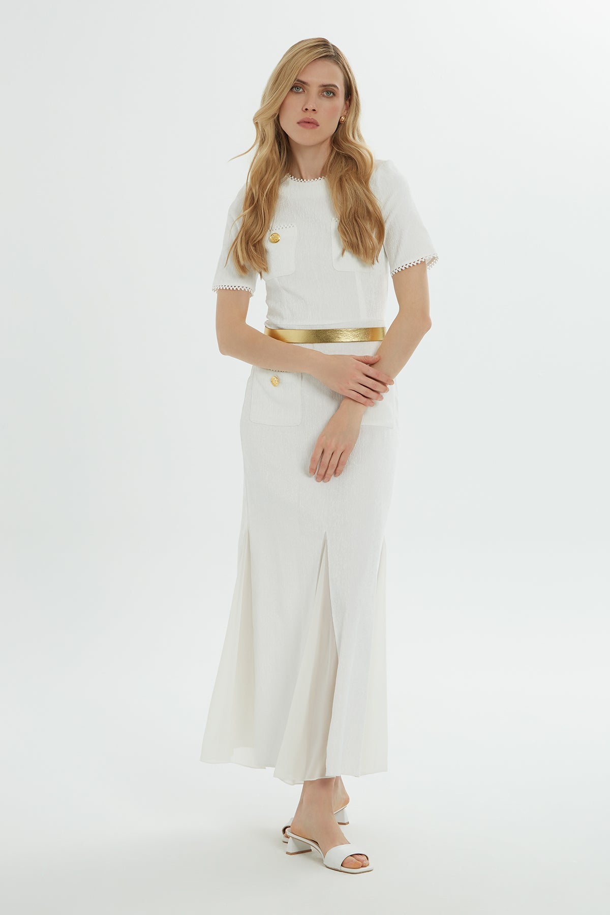 Ecru Maxi Dress with Gold Belt