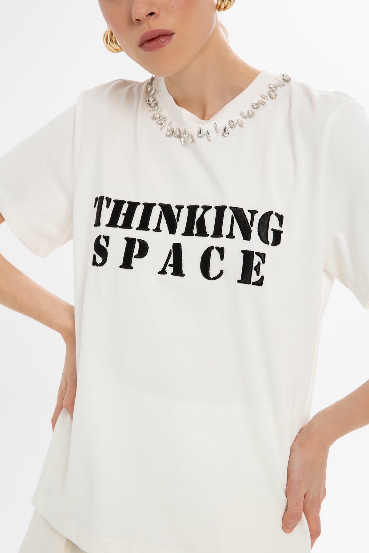 Ecru Detailed-Embroidered T-Shirt