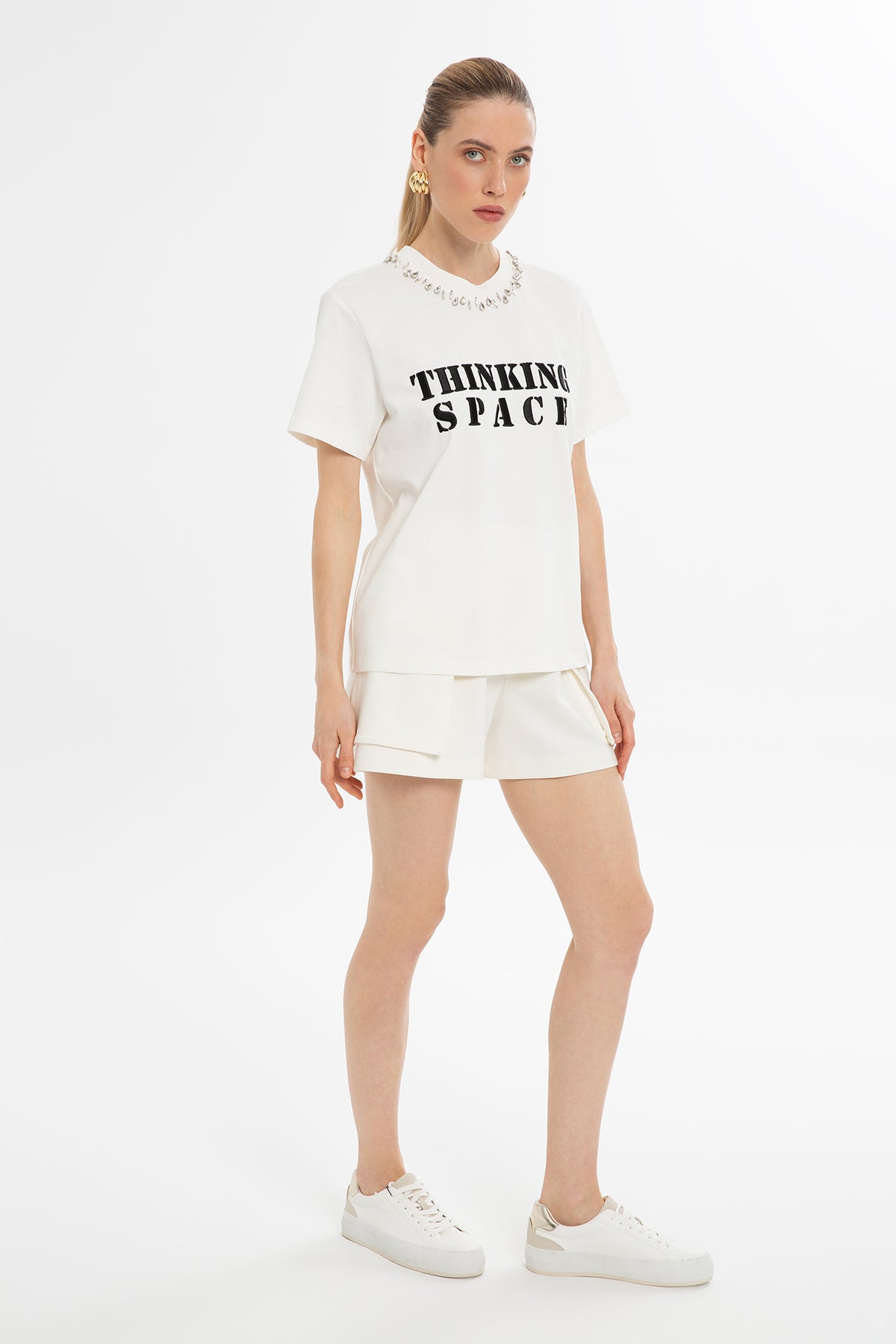 Ecru Detailed-Embroidered T-Shirt