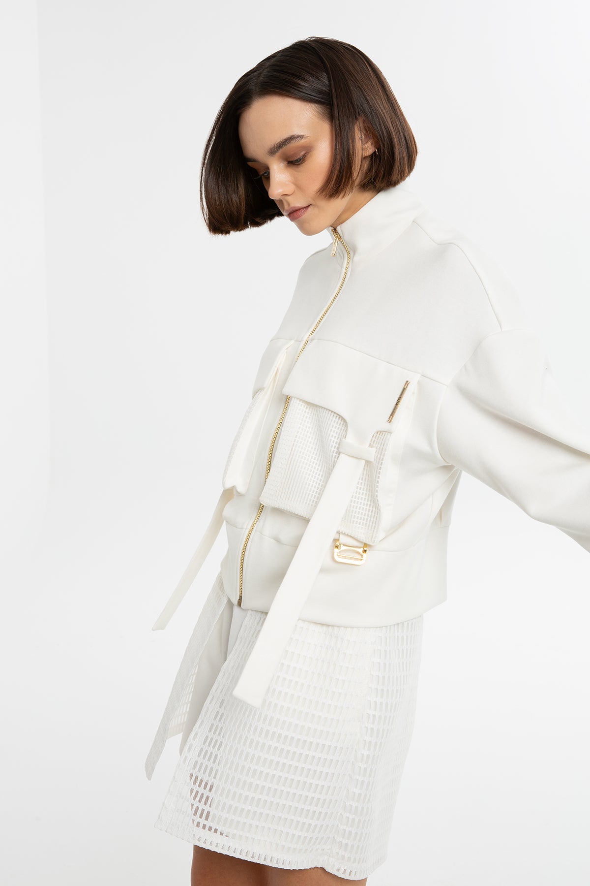 Ecru Mesh-Detail Cropped Sweatshirt