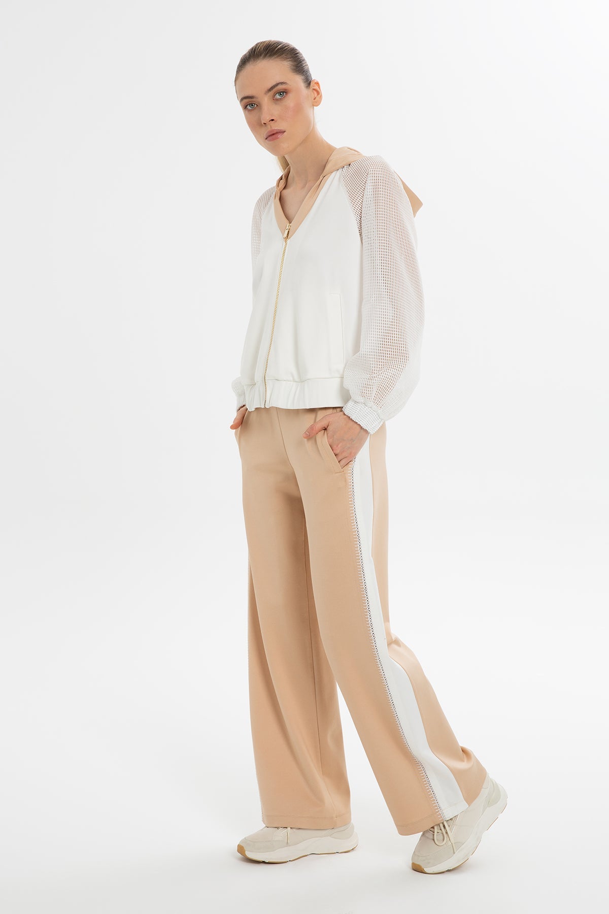 Ecru Mesh-Sleeve Sweatshirt