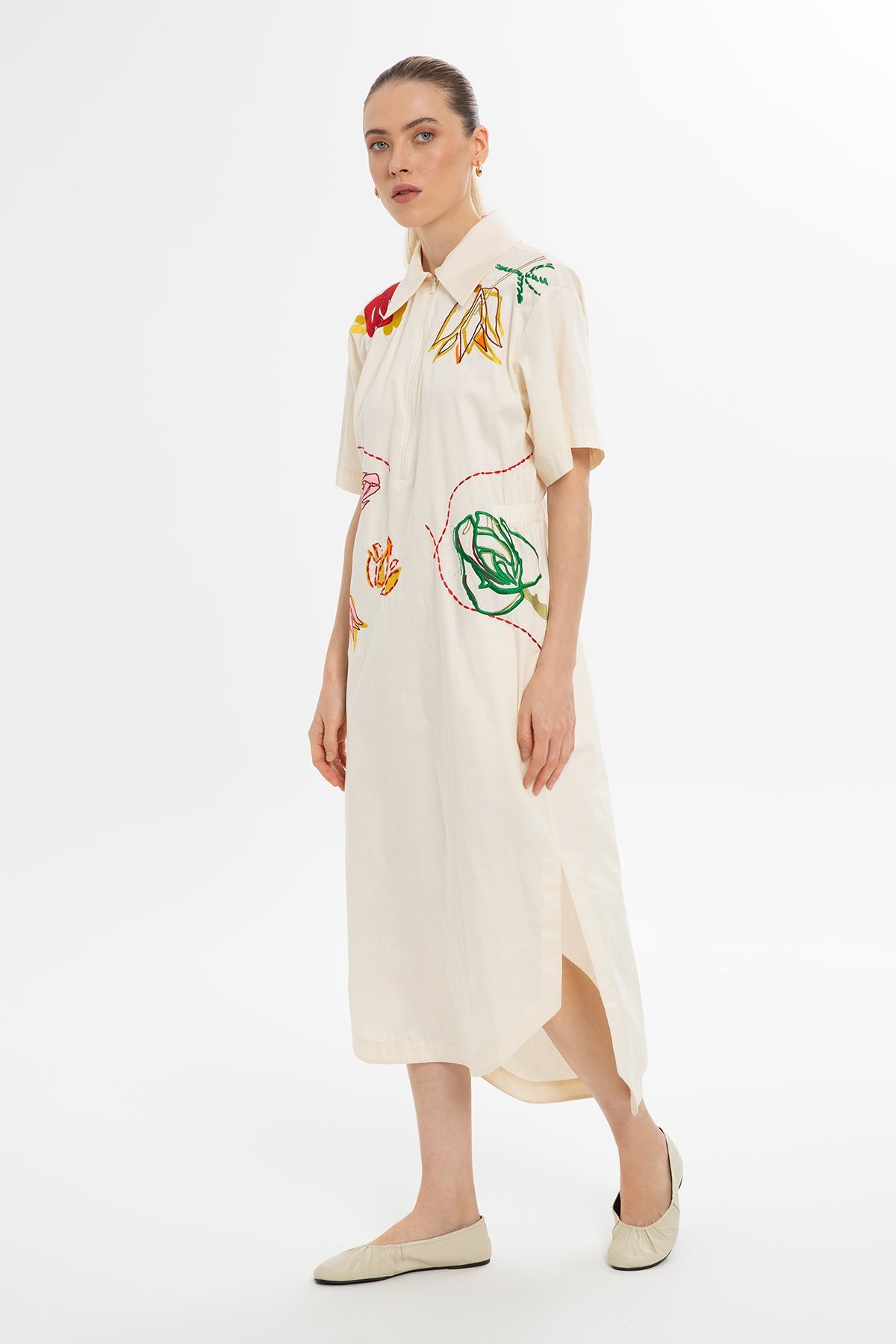 Ecru Short-Sleeve Embroidered Dress