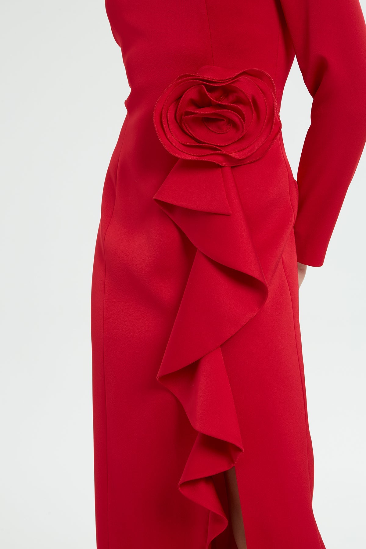 Red Long Dress with Rose Detail