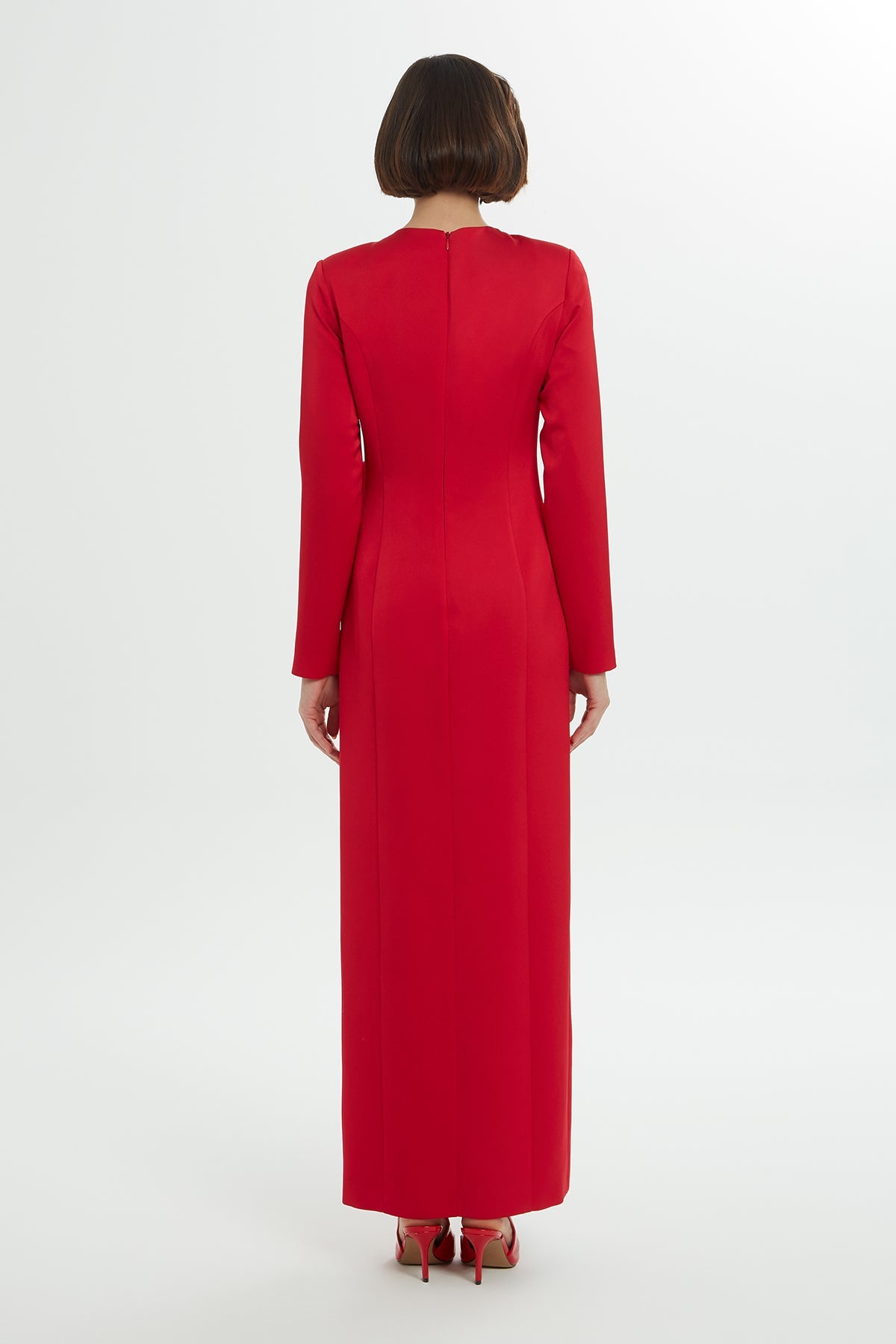 Red Long Dress with Rose Detail