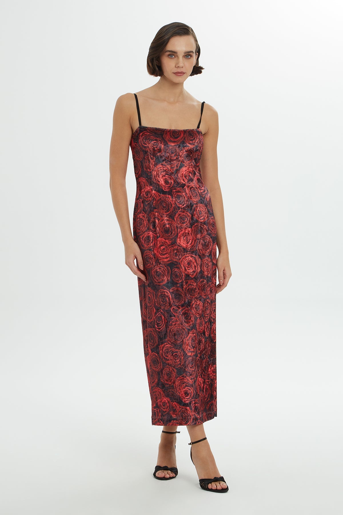 Printed Strappy Velvet Long Dress