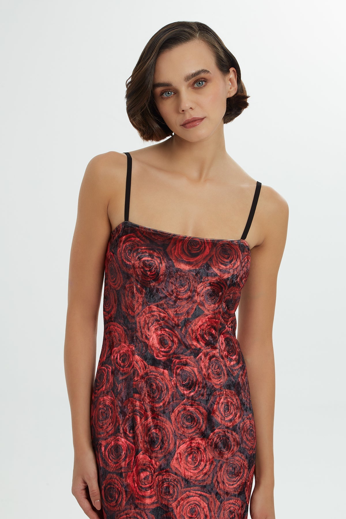 Printed Strappy Velvet Long Dress