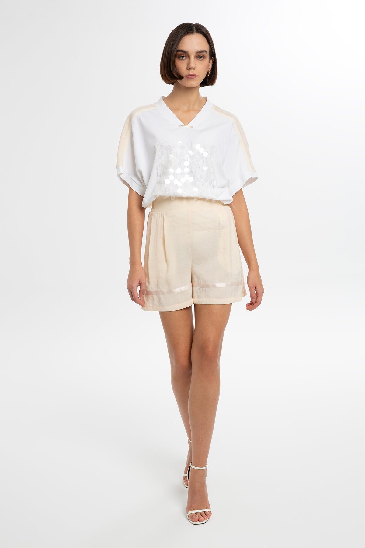 Ecru Satin-Trim Embroidered Shorts