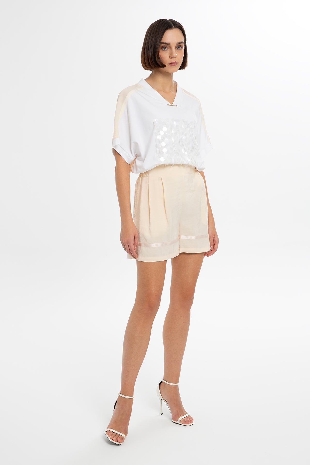 Ecru Satin-Trim Embroidered Shorts