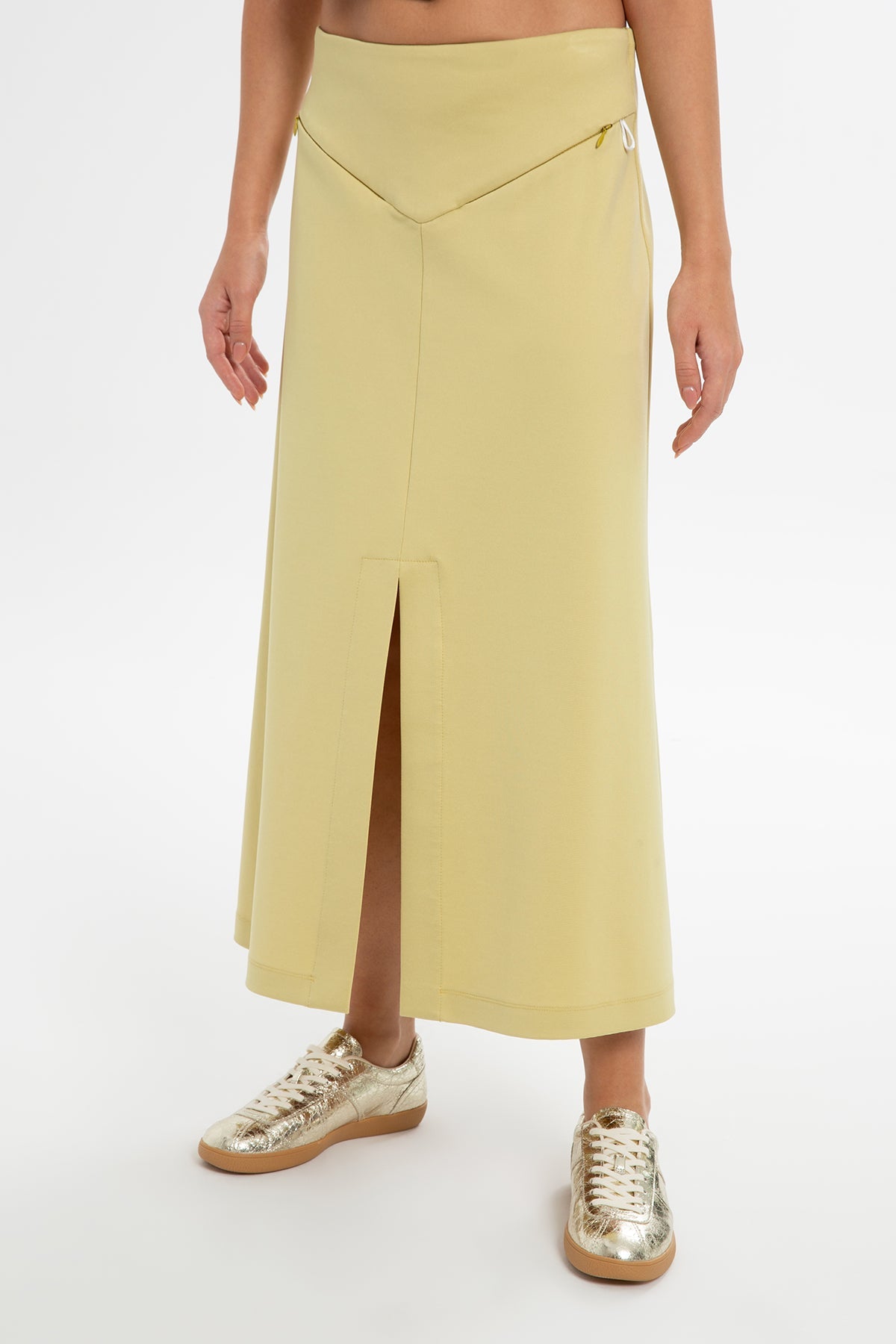 Yellow Slit-Detail Midi Skirt
