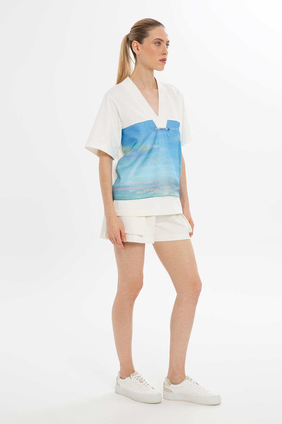 Ecru Stone-Embellished Printed T-Shirt