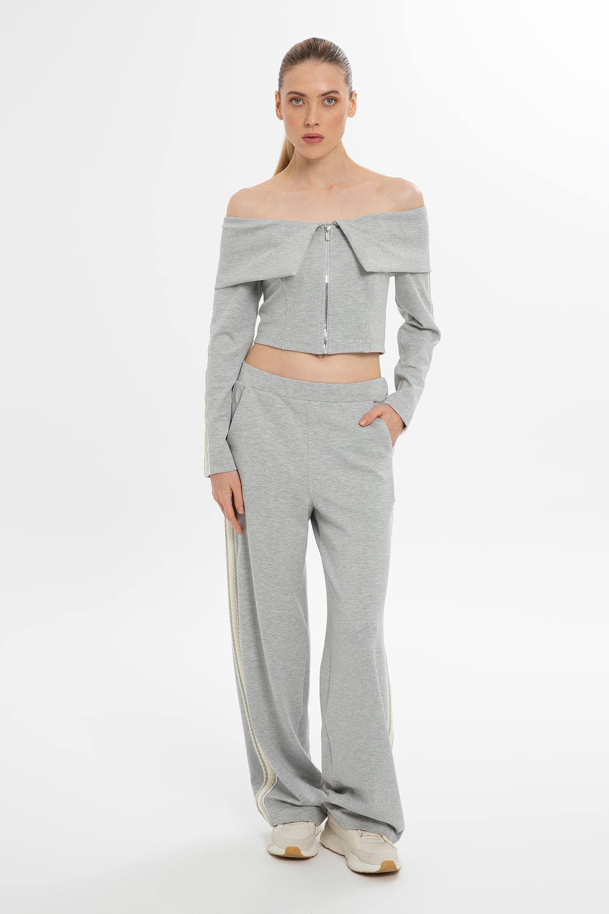 Grey Boat Neck Striped Sleeve Blouse