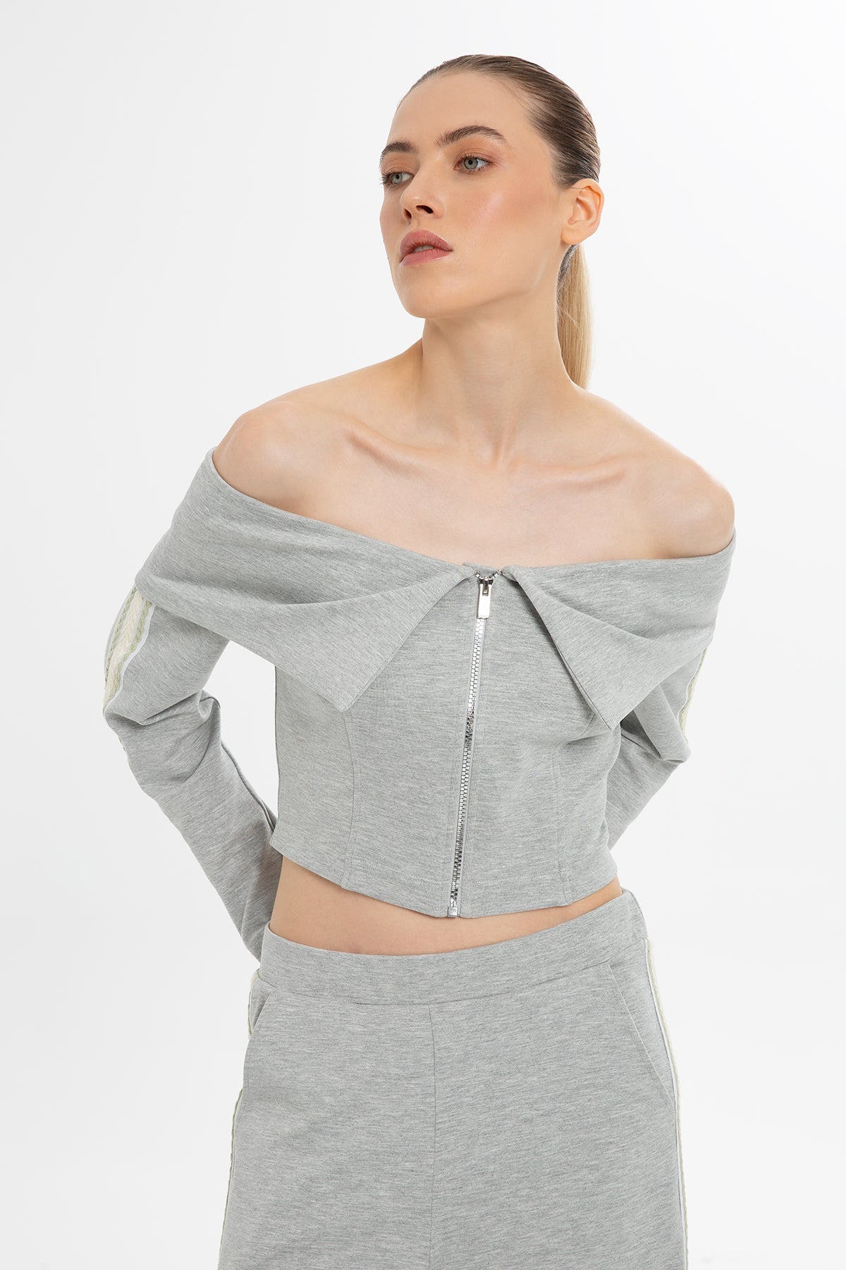 Grey Boat Neck Striped Sleeve Blouse