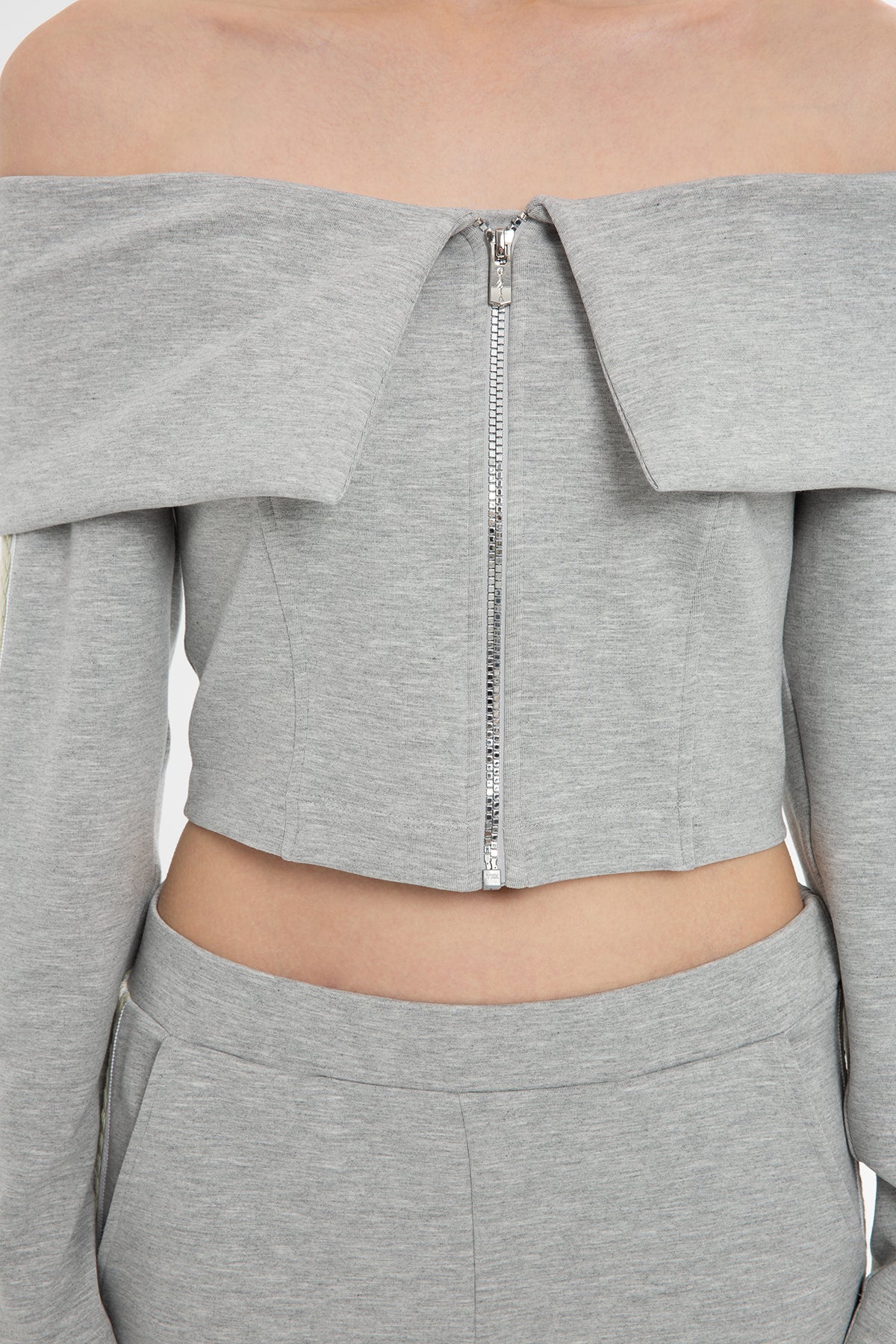 Grey Boat Neck Striped Sleeve Blouse