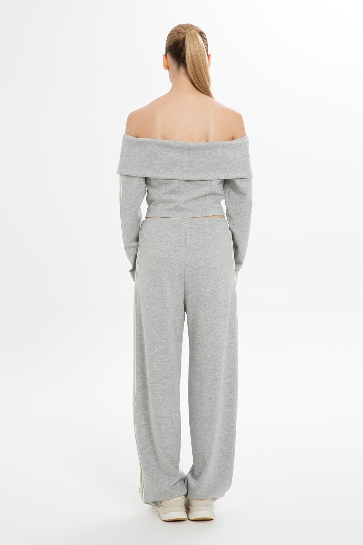 Grey Boat Neck Striped Sleeve Blouse