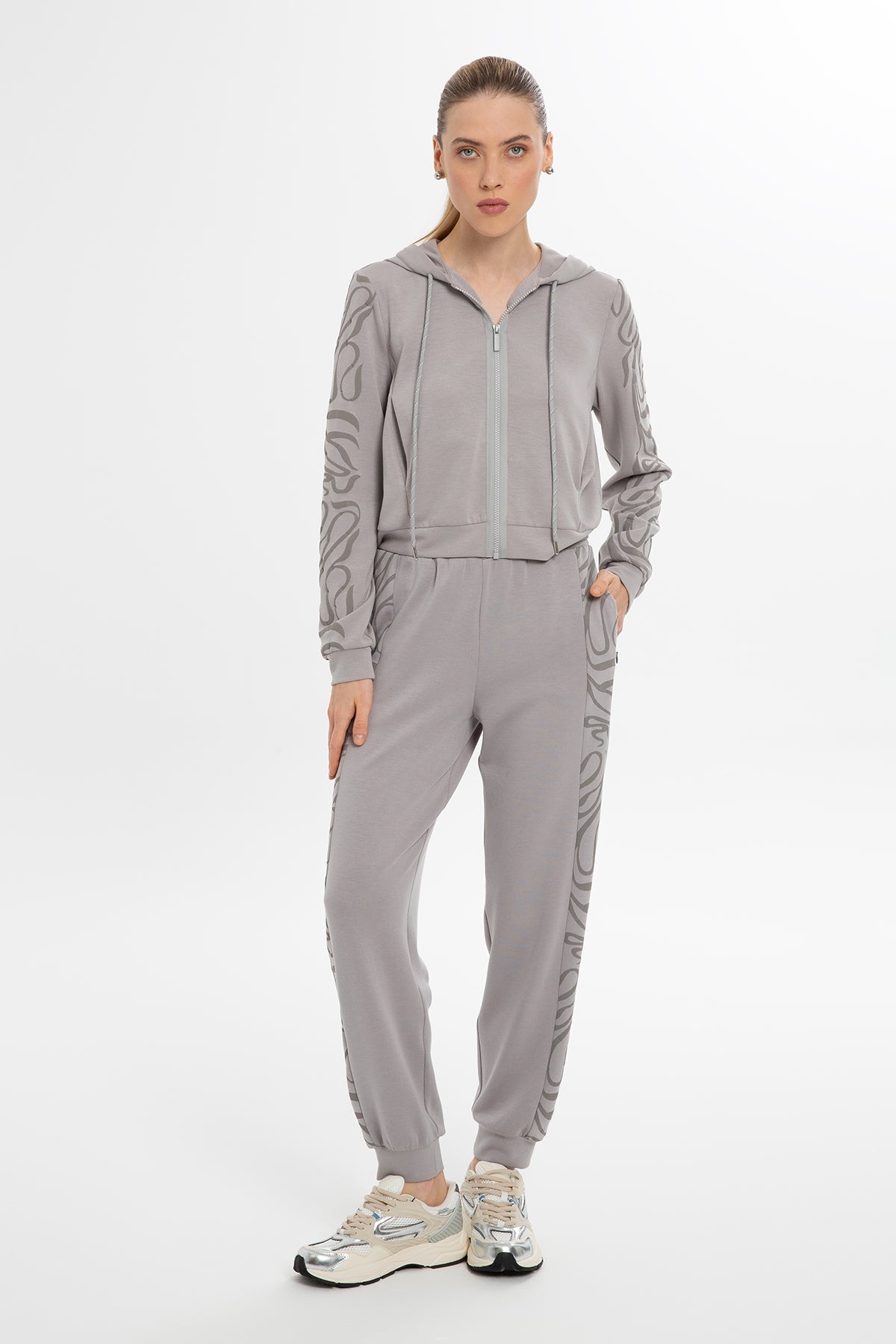 Grey Printed-Sleeve Sweatshirt