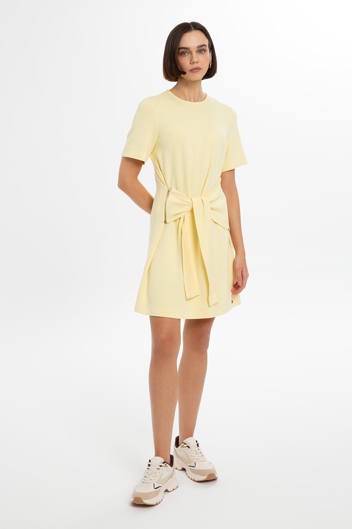 Yellow Short Dress with Belt Detail